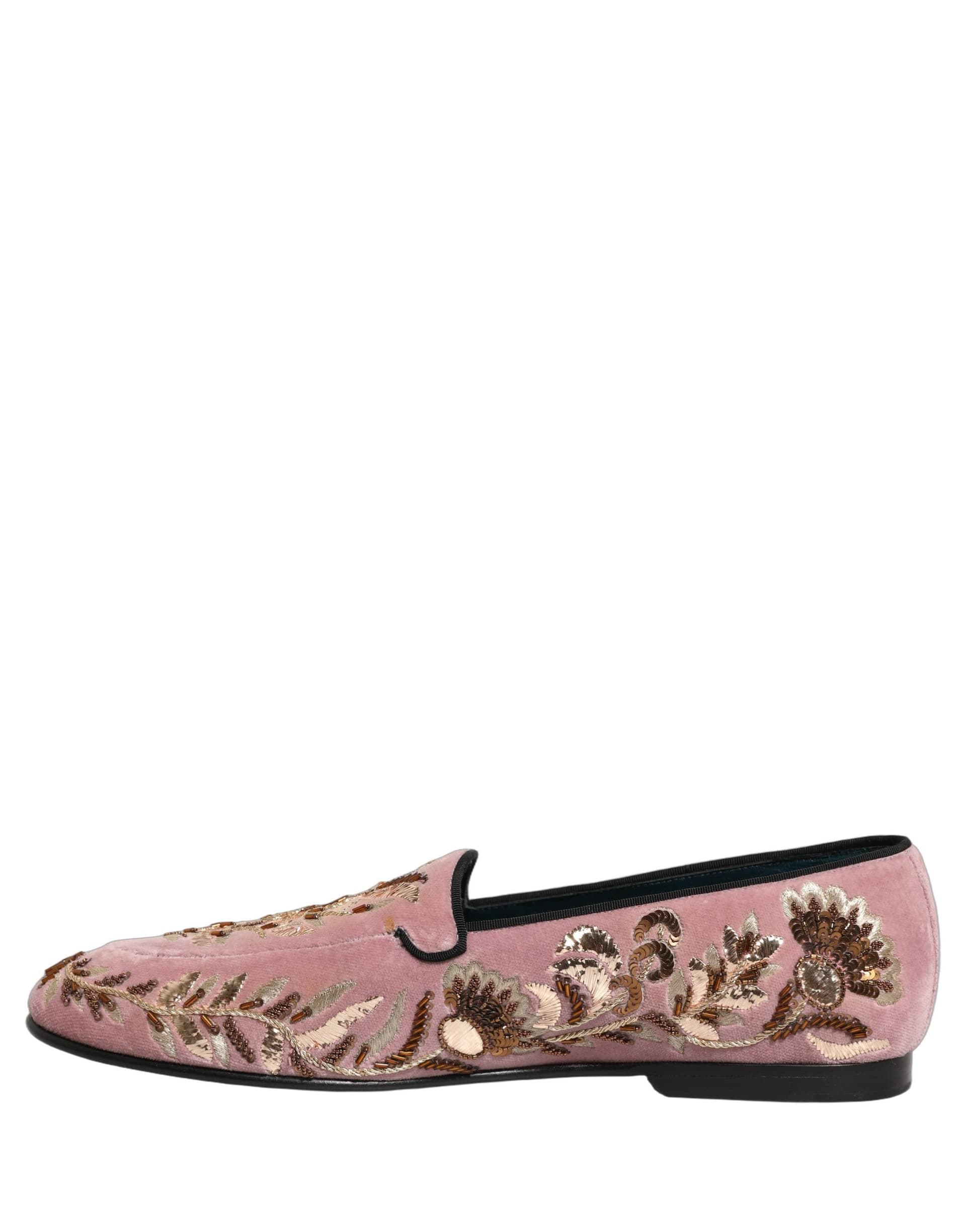 Dolce & Gabbana Pink Velvet Floral Embroidery Loafers Shoes - 6
