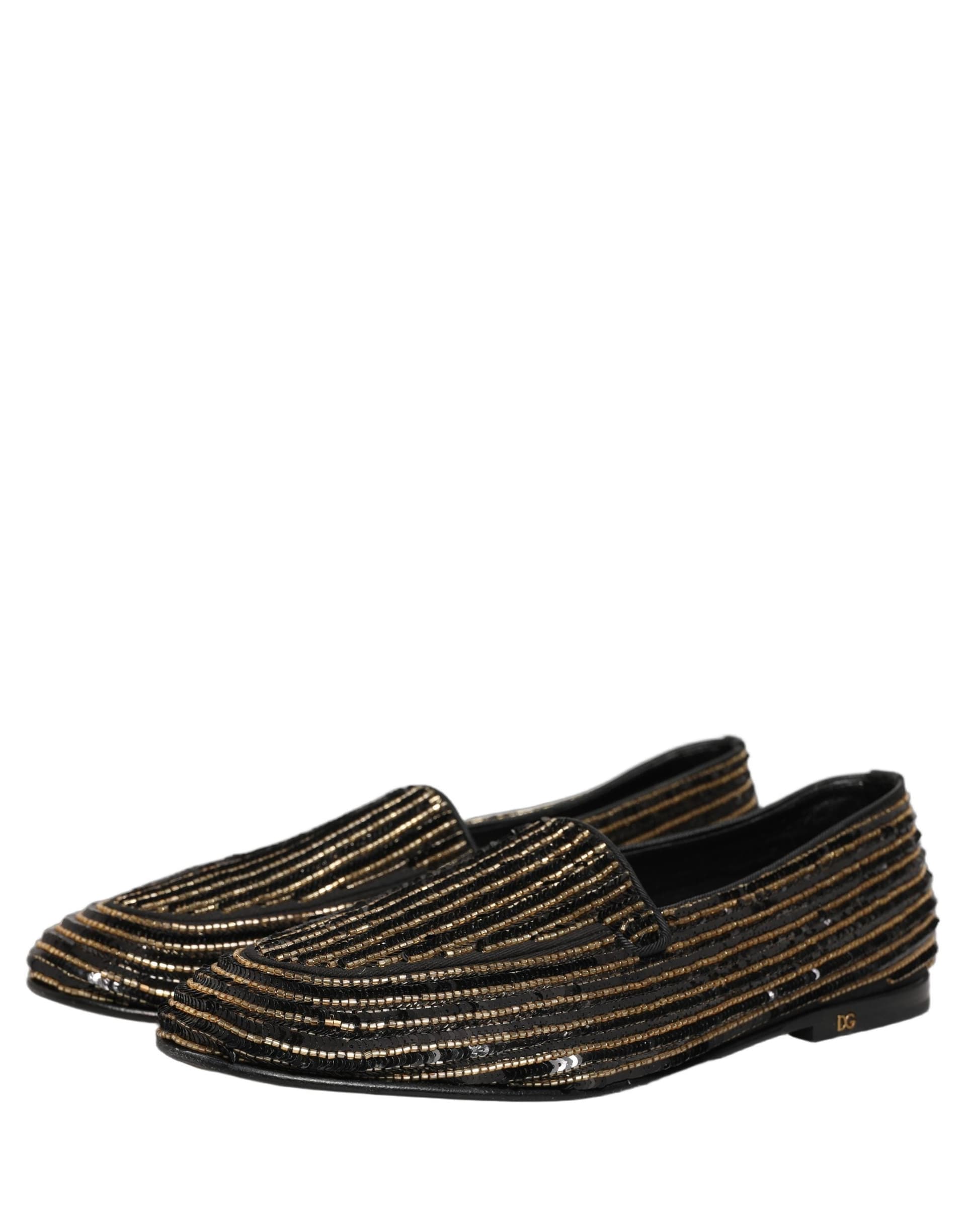 Dolce & Gabbana Black Gold Sequined Men Dress Loafers Shoes - 4