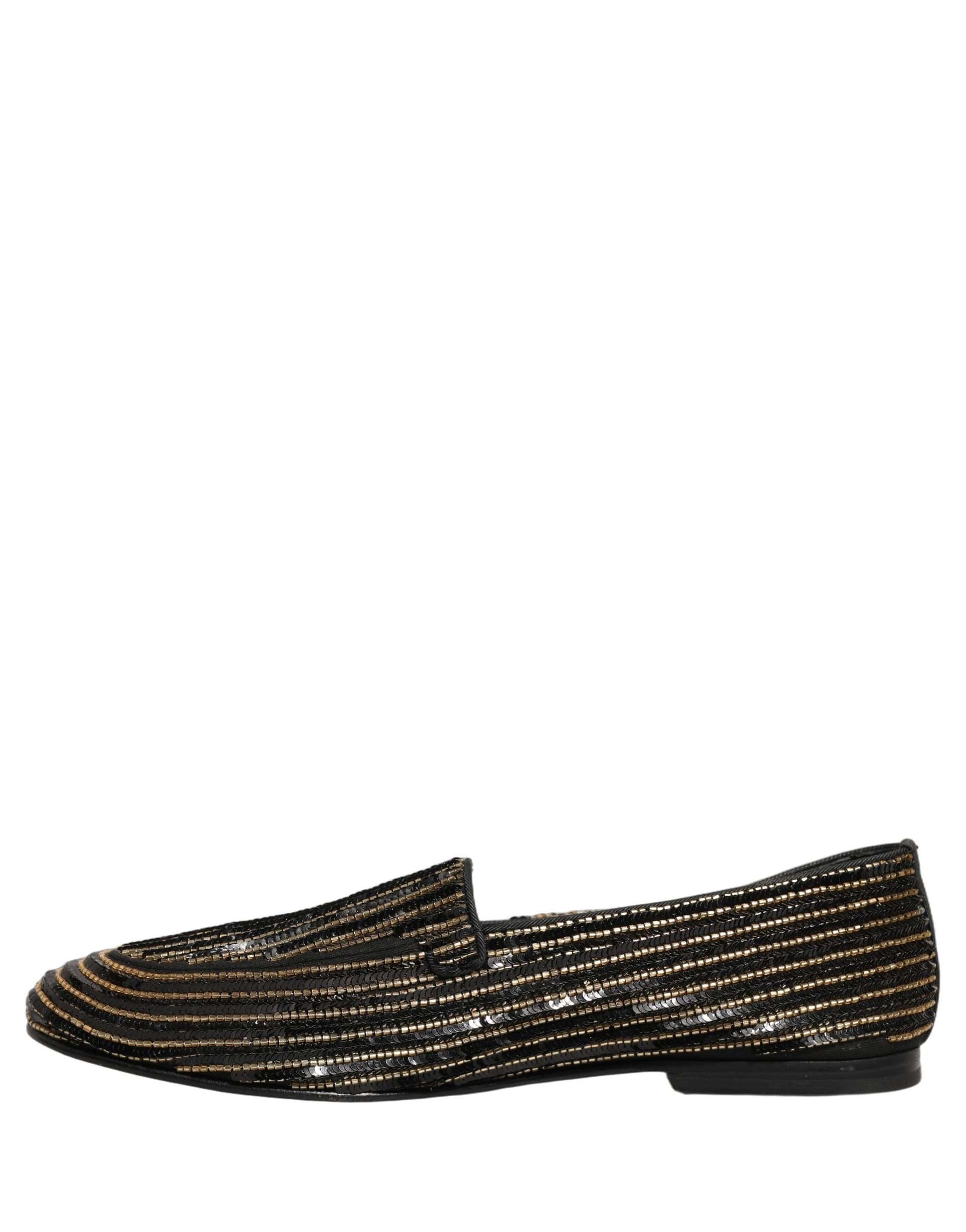 Dolce & Gabbana Black Gold Sequined Men Dress Loafers Shoes - 6