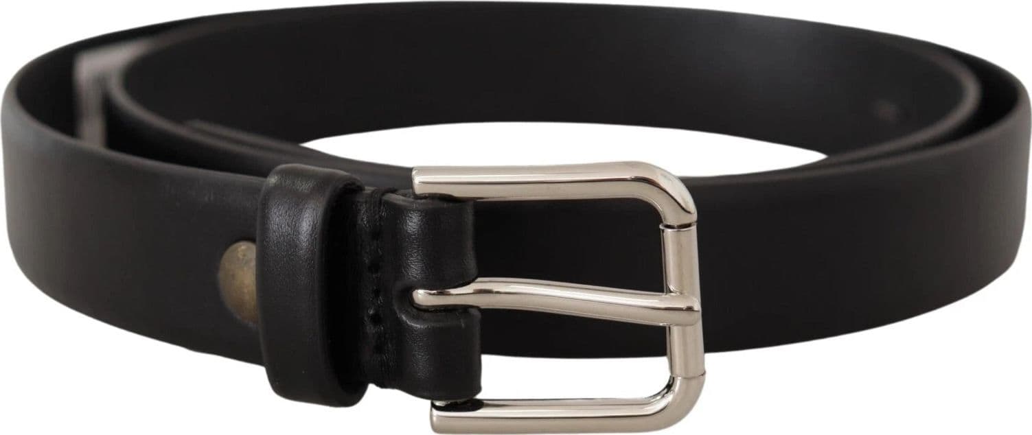 Dolce & Gabbana Black Calf Leather Silver Tone Logo Buckle Belt - 2