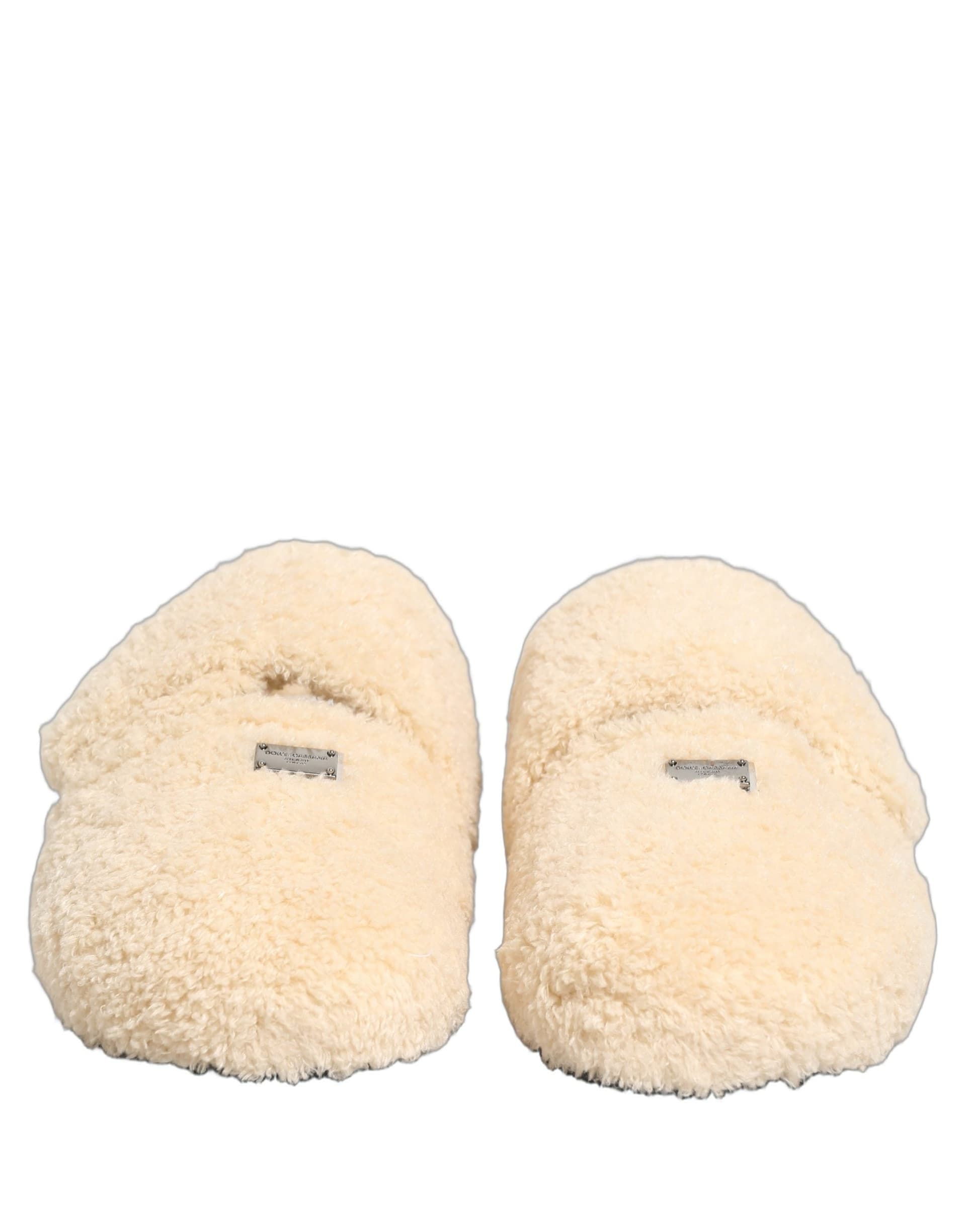 Dolce & Gabbana Beige Faux Fur Flats Men Slides Sandals Shoes - 2
