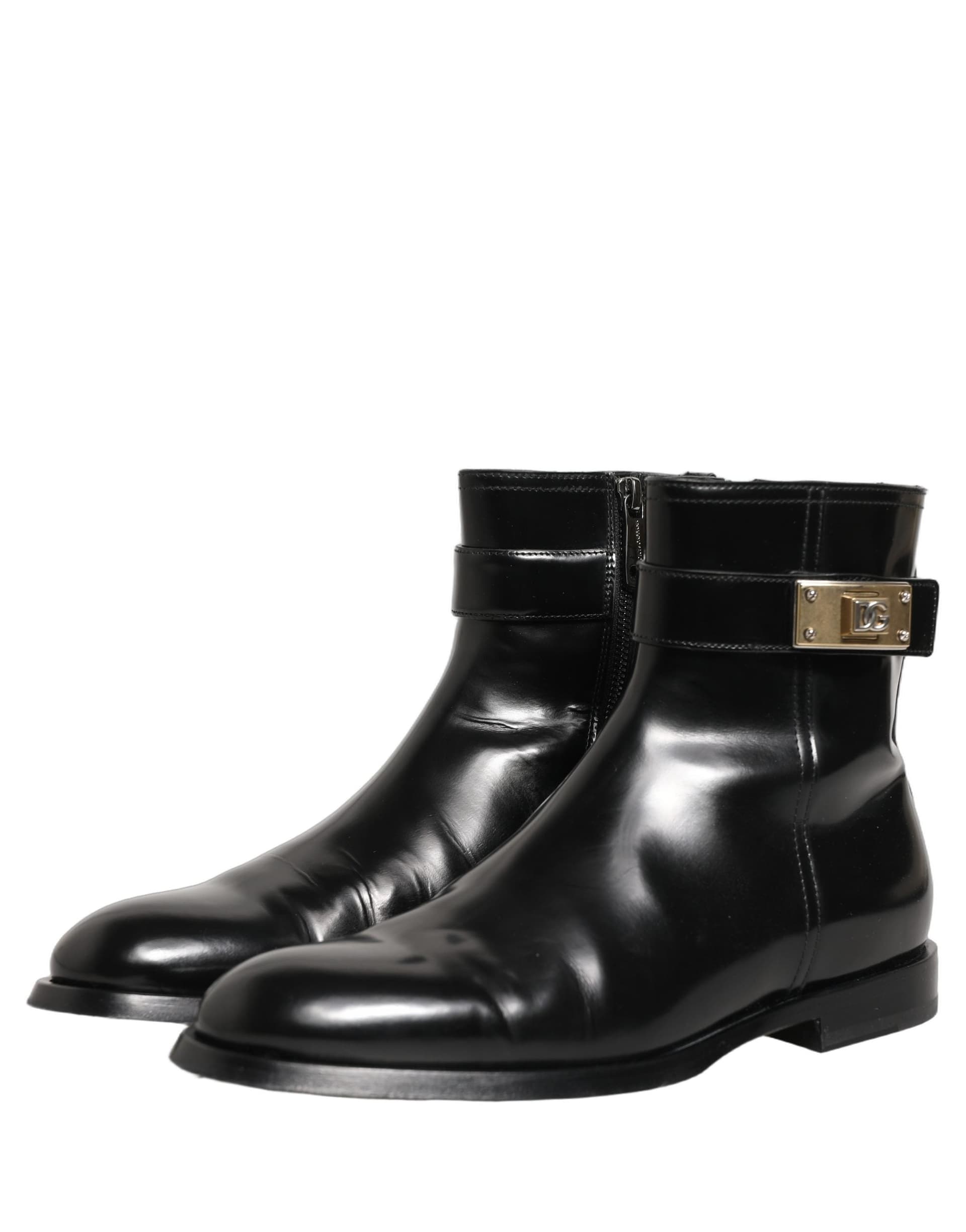 Dolce & Gabbana Black Leather Logo Buckle Mid Calf Boots Shoes - 4