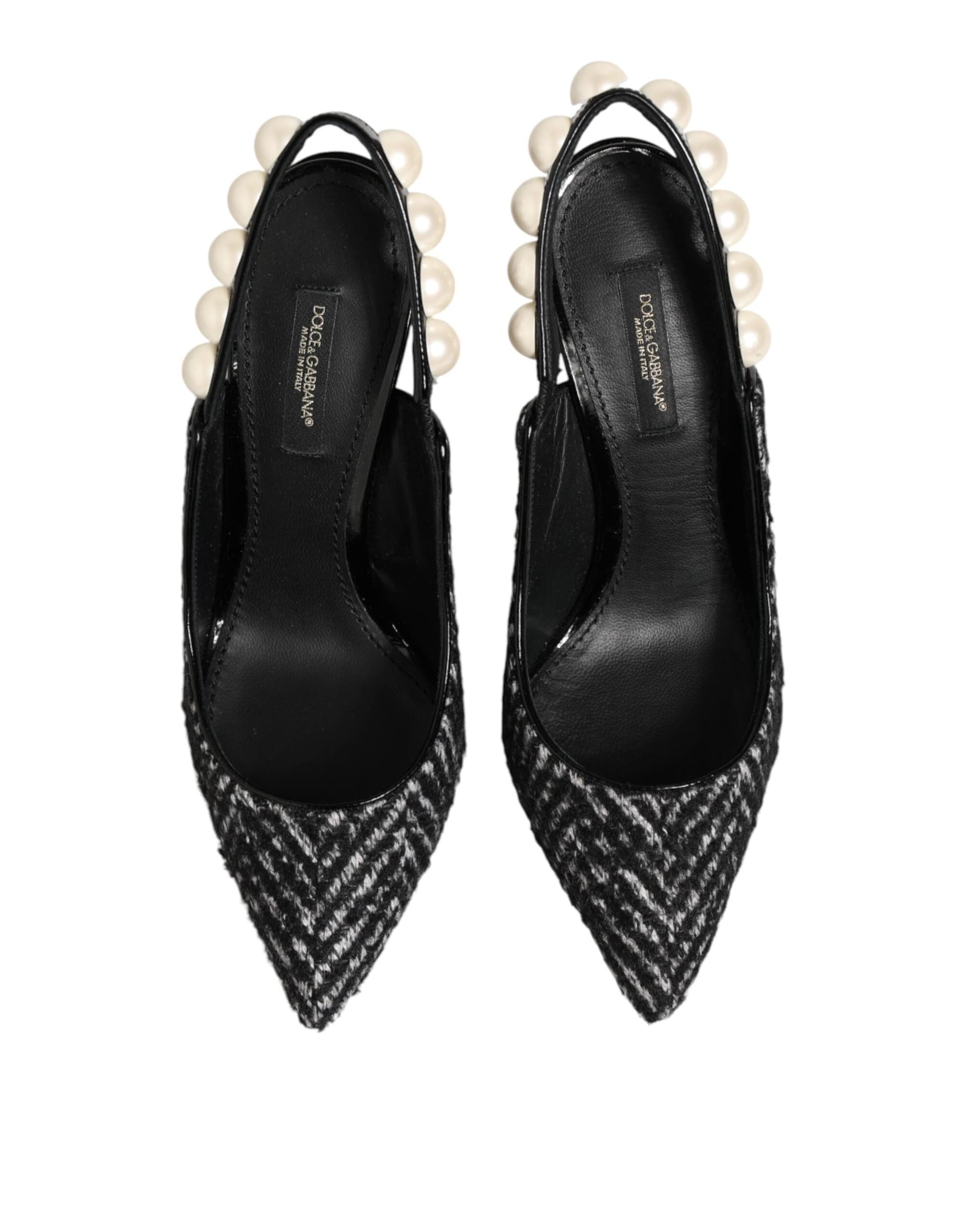 Dolce & Gabbana White Black Chevron Faux Pearl Slingbacks Shoes - 2