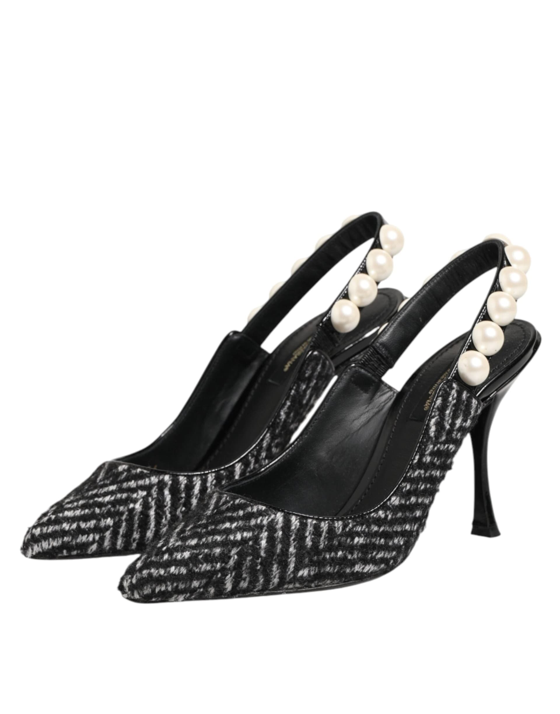Dolce & Gabbana White Black Chevron Faux Pearl Slingbacks Shoes - 3