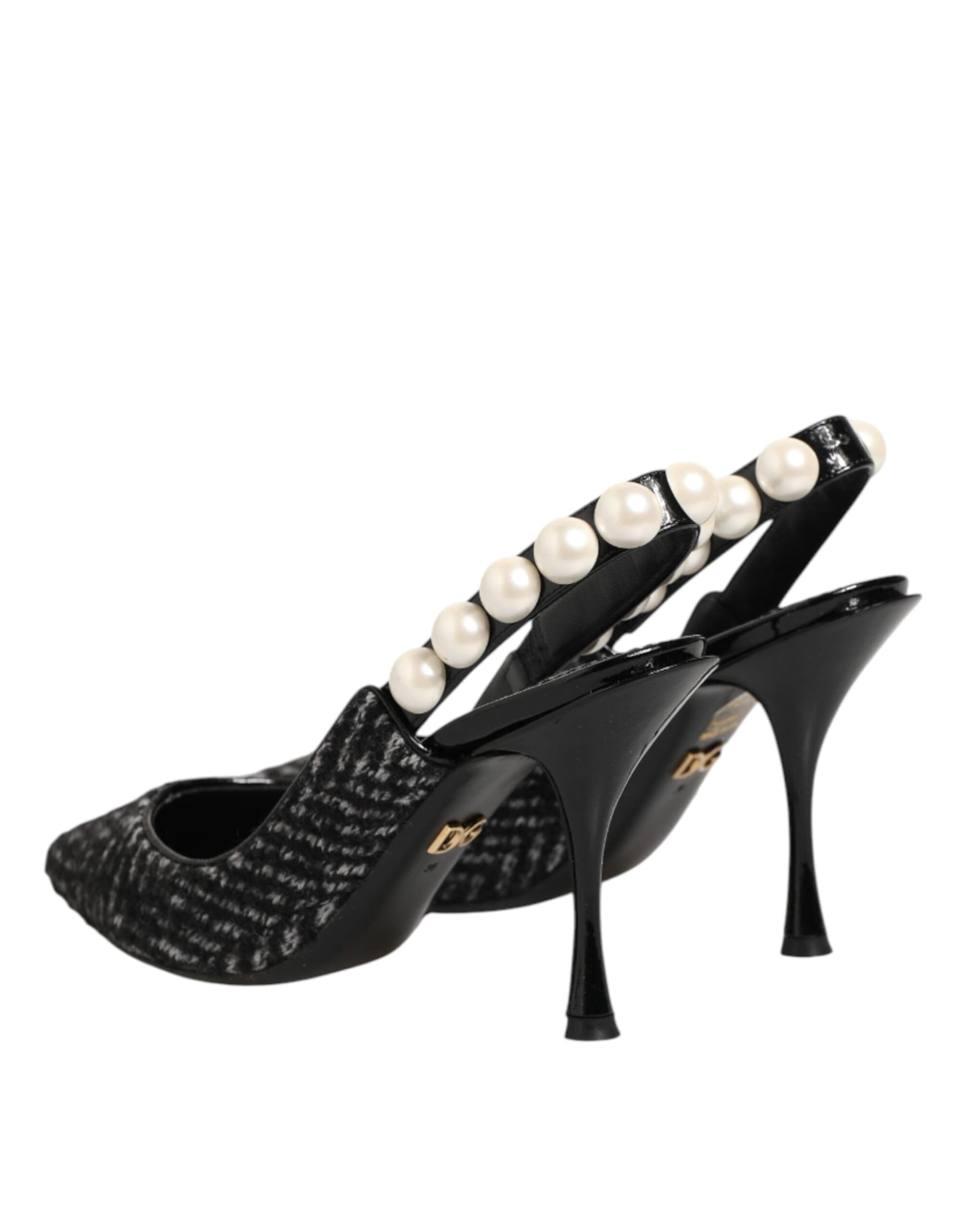 Dolce & Gabbana White Black Chevron Faux Pearl Slingbacks Shoes - 4