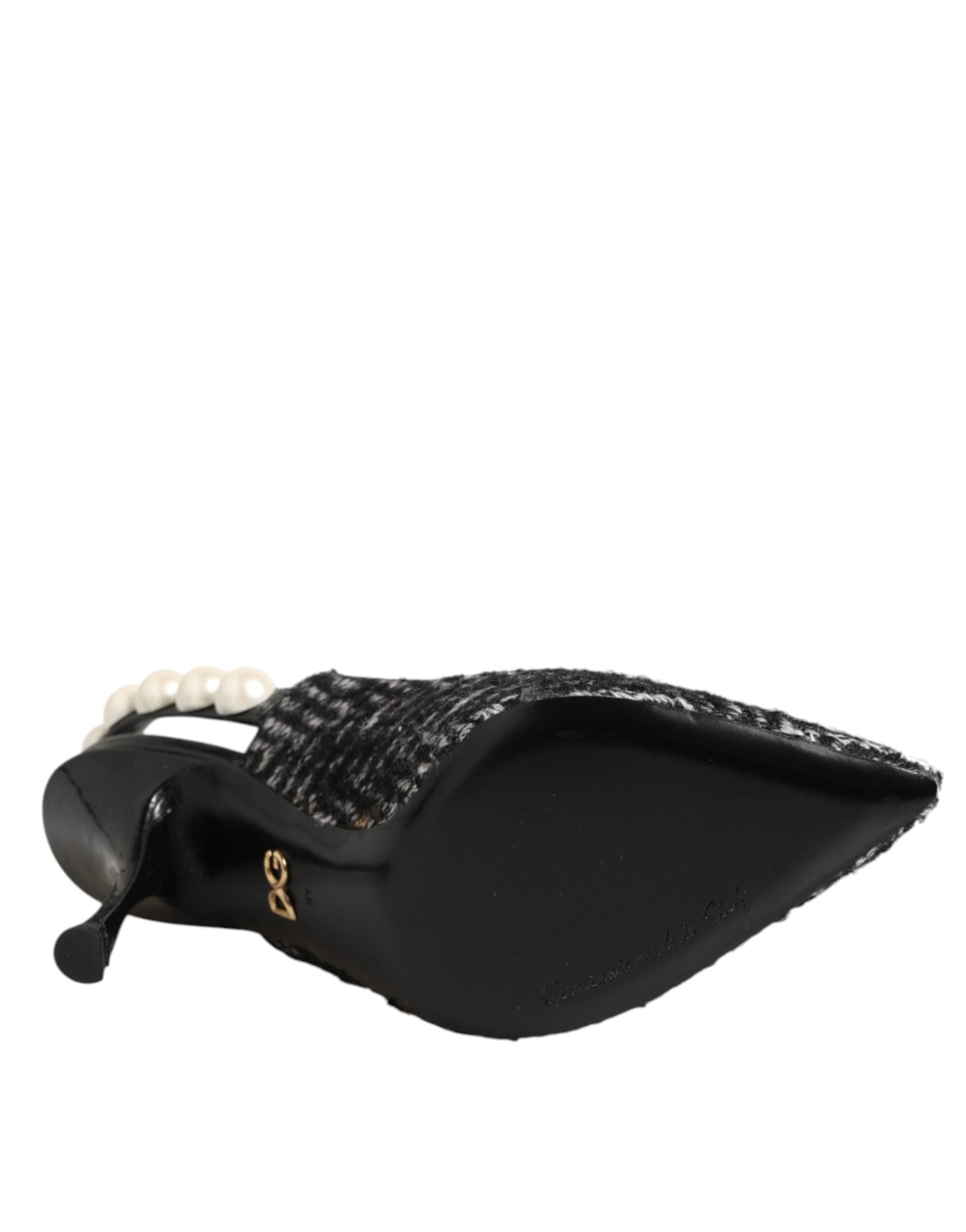 Dolce & Gabbana White Black Chevron Faux Pearl Slingbacks Shoes - 8