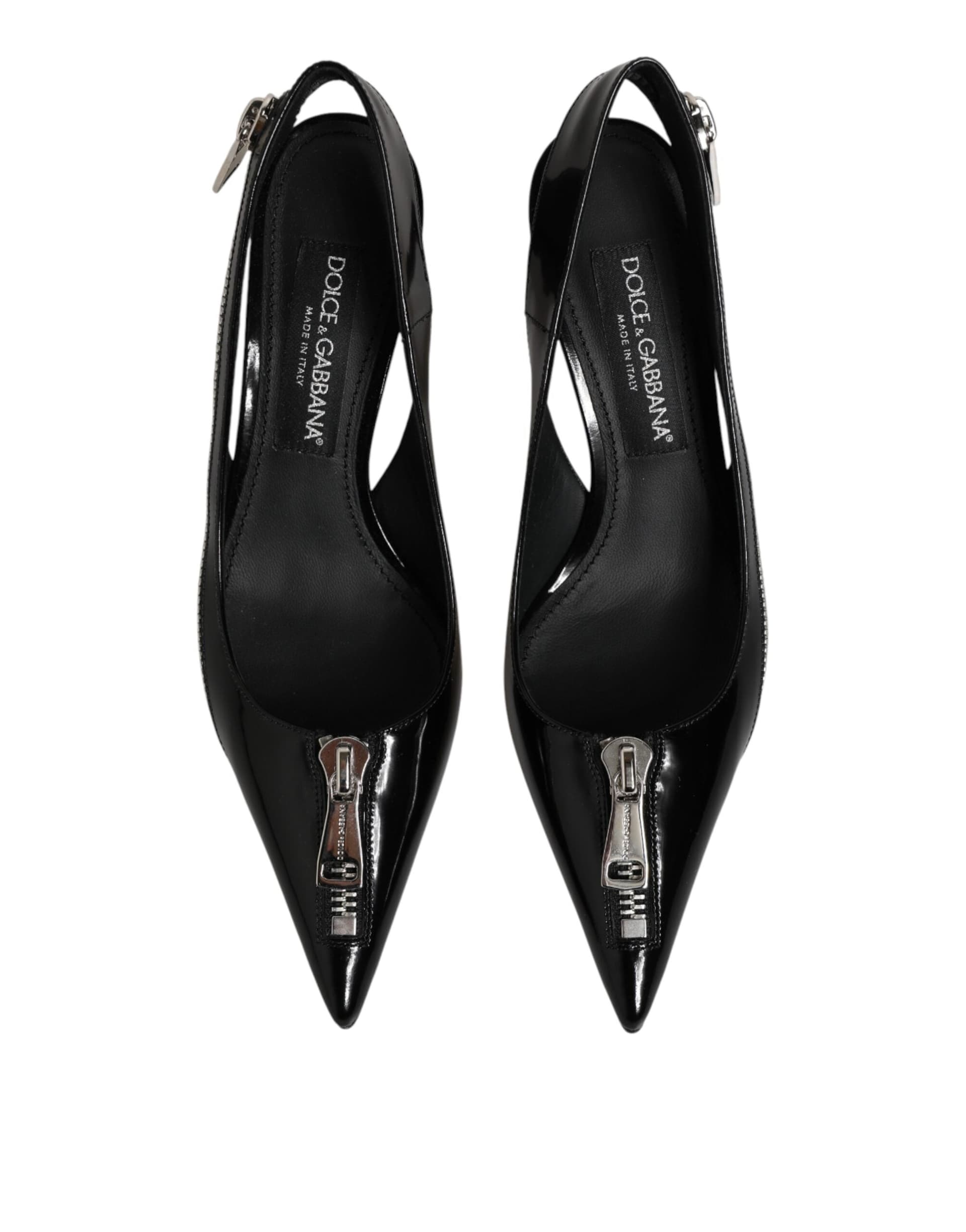 Dolce & Gabbana Black Zipper Leather Heels Slingbacks Shoes - 2