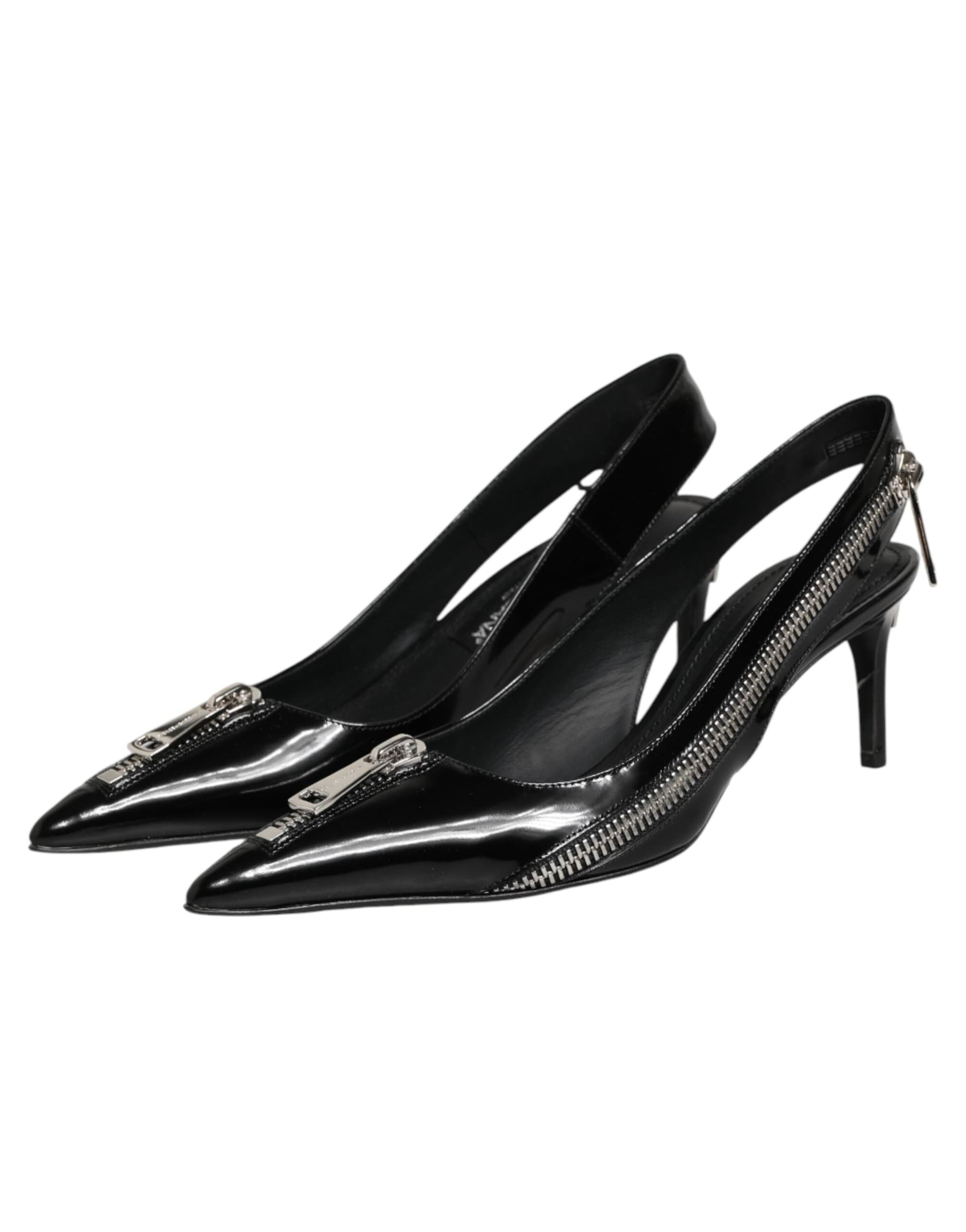 Dolce & Gabbana Black Zipper Leather Heels Slingbacks Shoes - 3