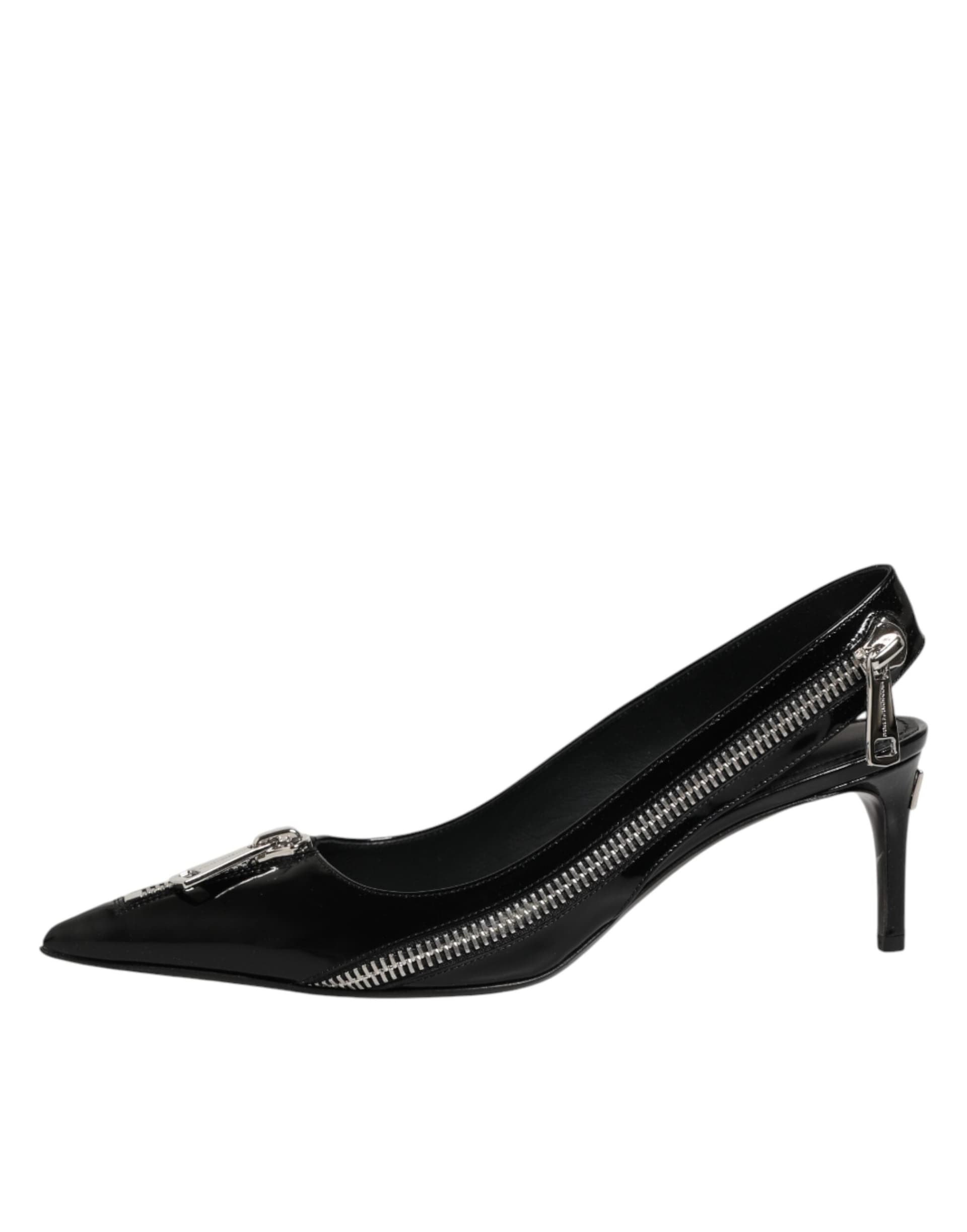 Dolce & Gabbana Black Zipper Leather Heels Slingbacks Shoes - 5