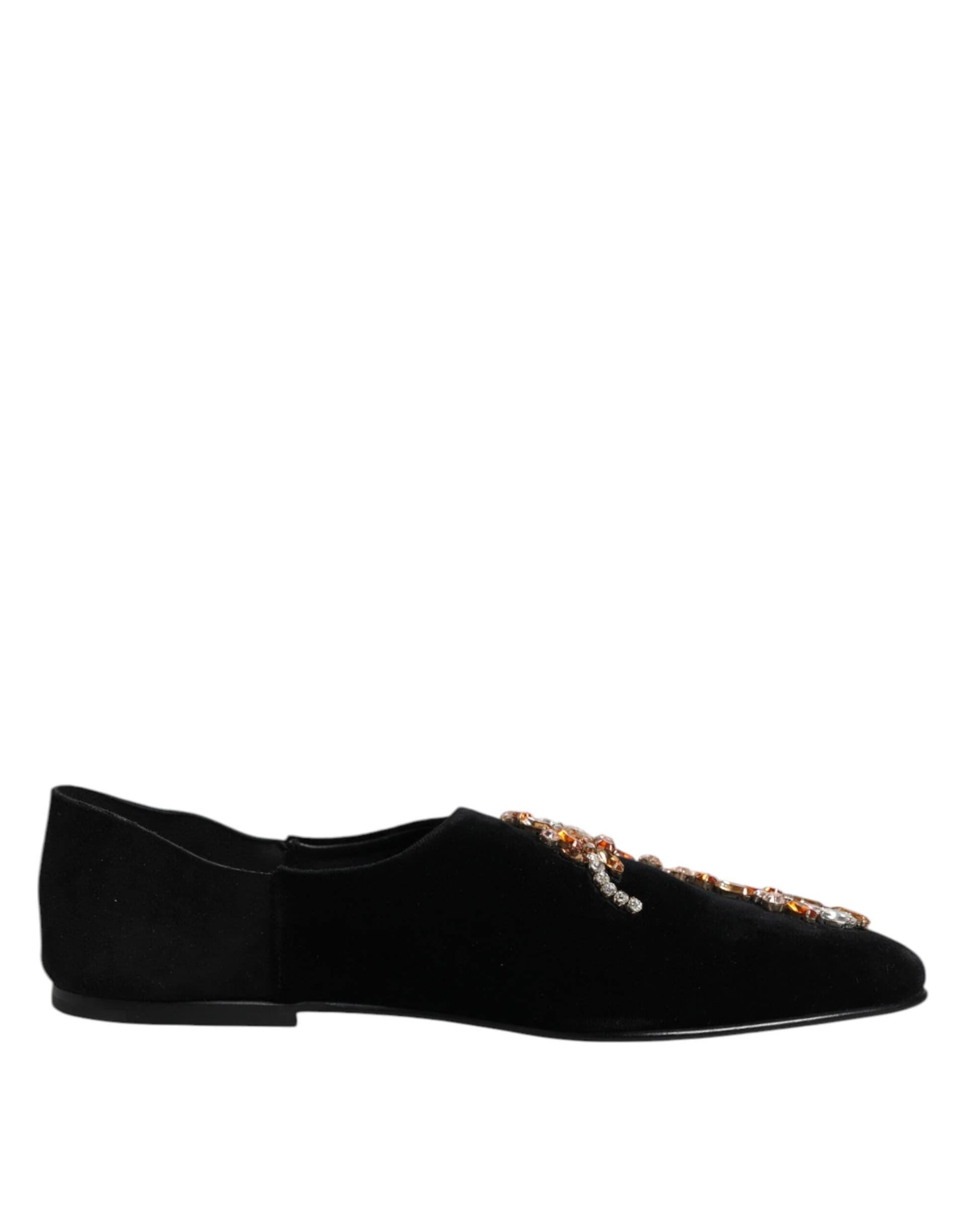 Dolce & Gabbana Black Velvet Embellished Loafer Slip On Shoes - 7