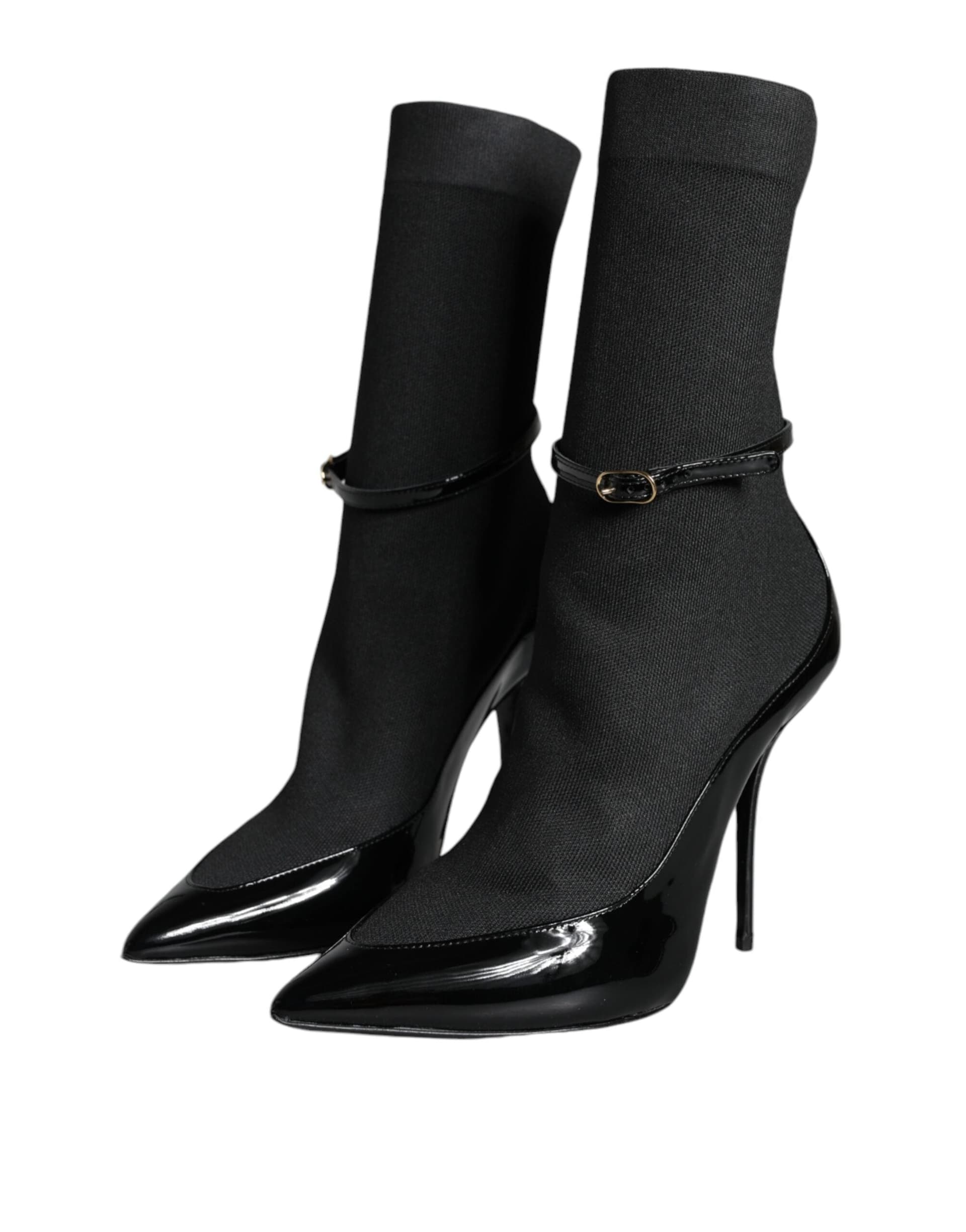 Dolce & Gabbana Black Leather Stilettos Booties Socks Shoes - 2
