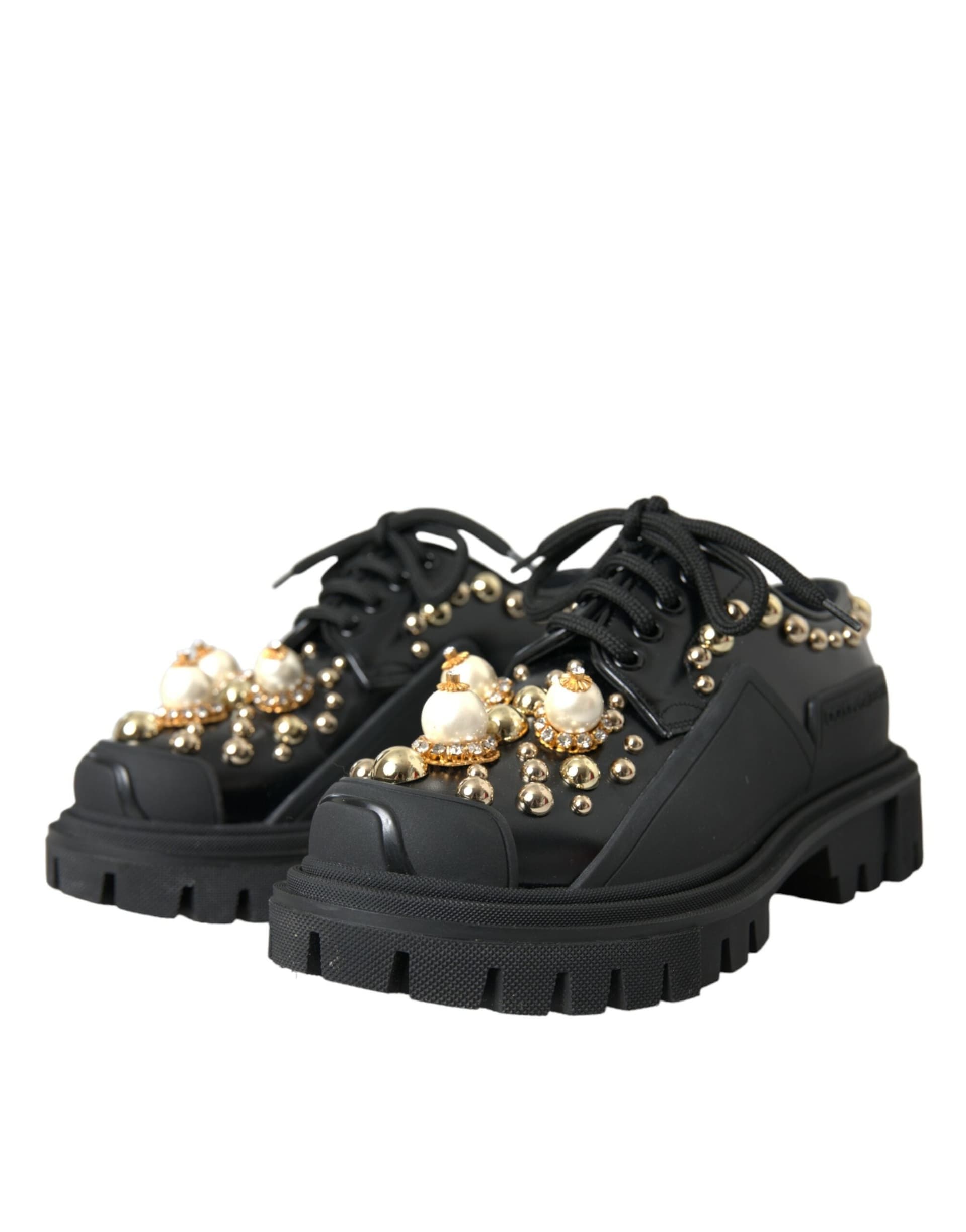 Dolce & Gabbana Black Leather Trekking Derby Embellished Shoes - 2