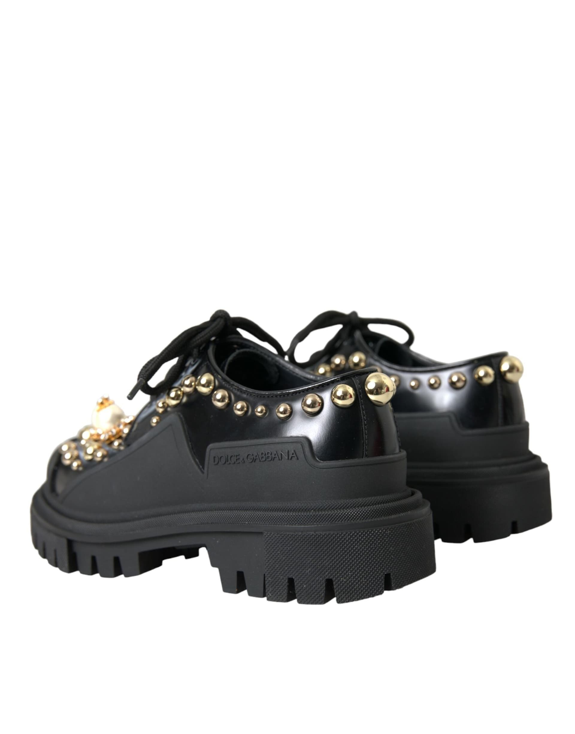 Dolce & Gabbana Black Leather Trekking Derby Embellished Shoes - 3