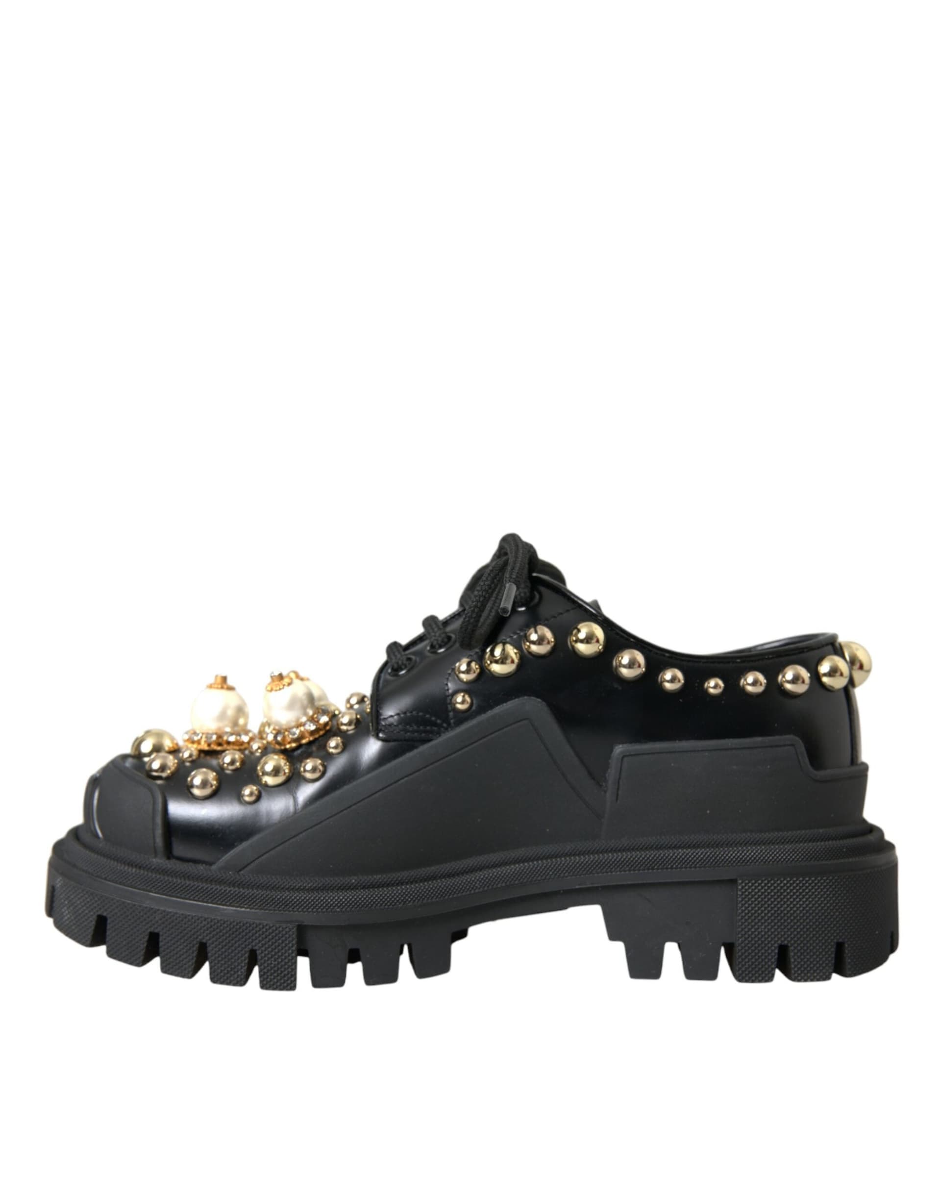 Dolce & Gabbana Black Leather Trekking Derby Embellished Shoes - 4