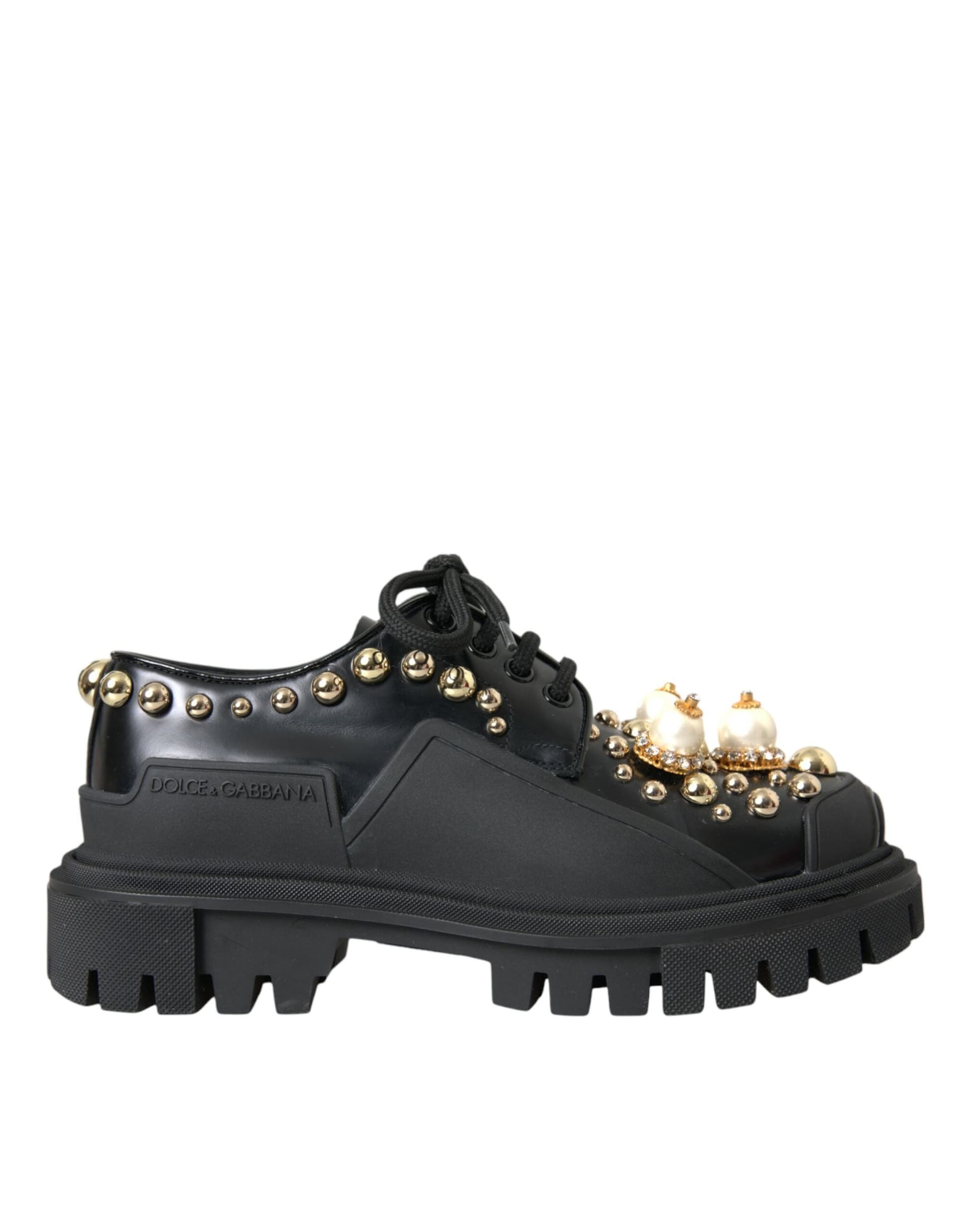 Dolce & Gabbana Black Leather Trekking Derby Embellished Shoes - 5