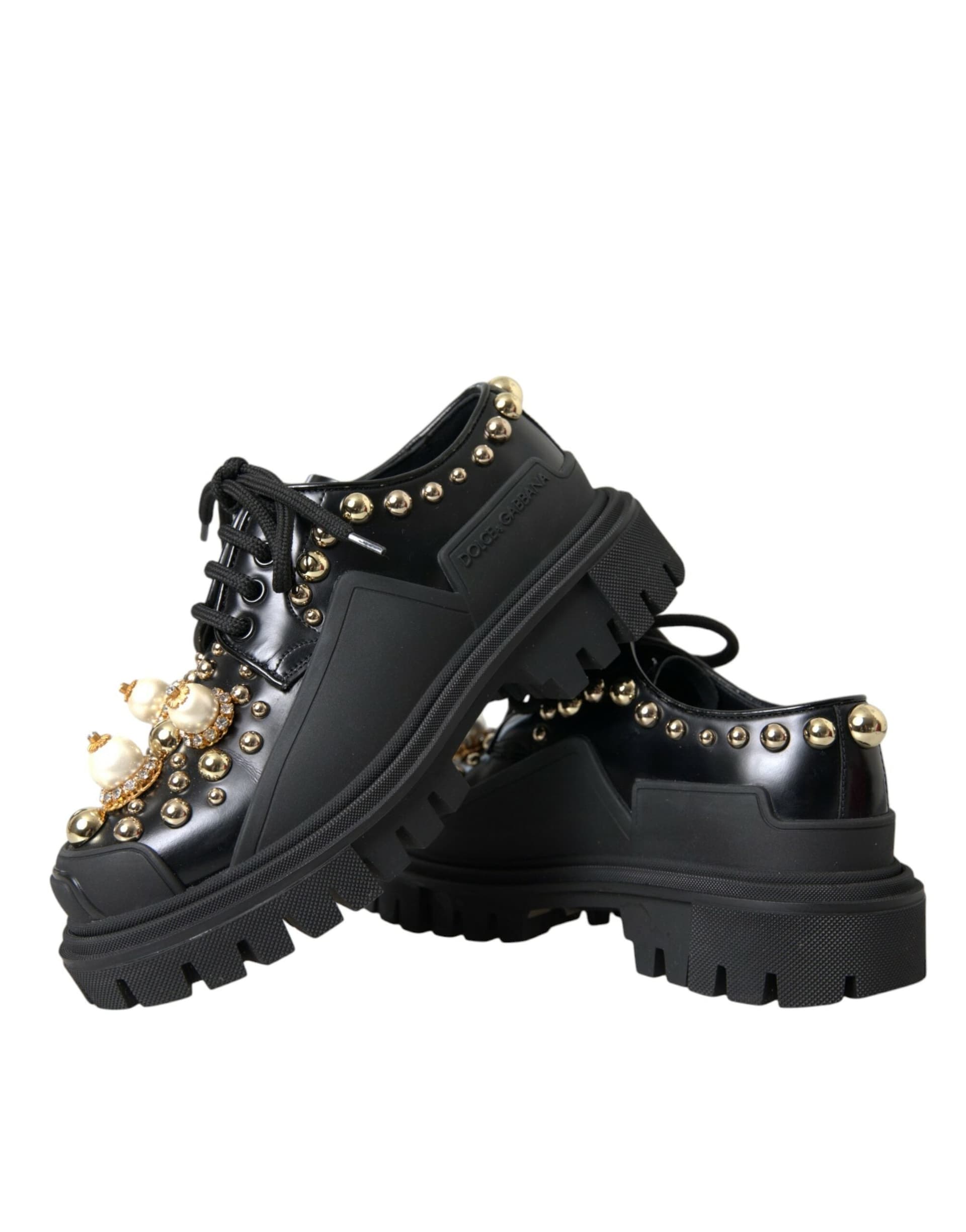 Dolce & Gabbana Black Leather Trekking Derby Embellished Shoes - 7