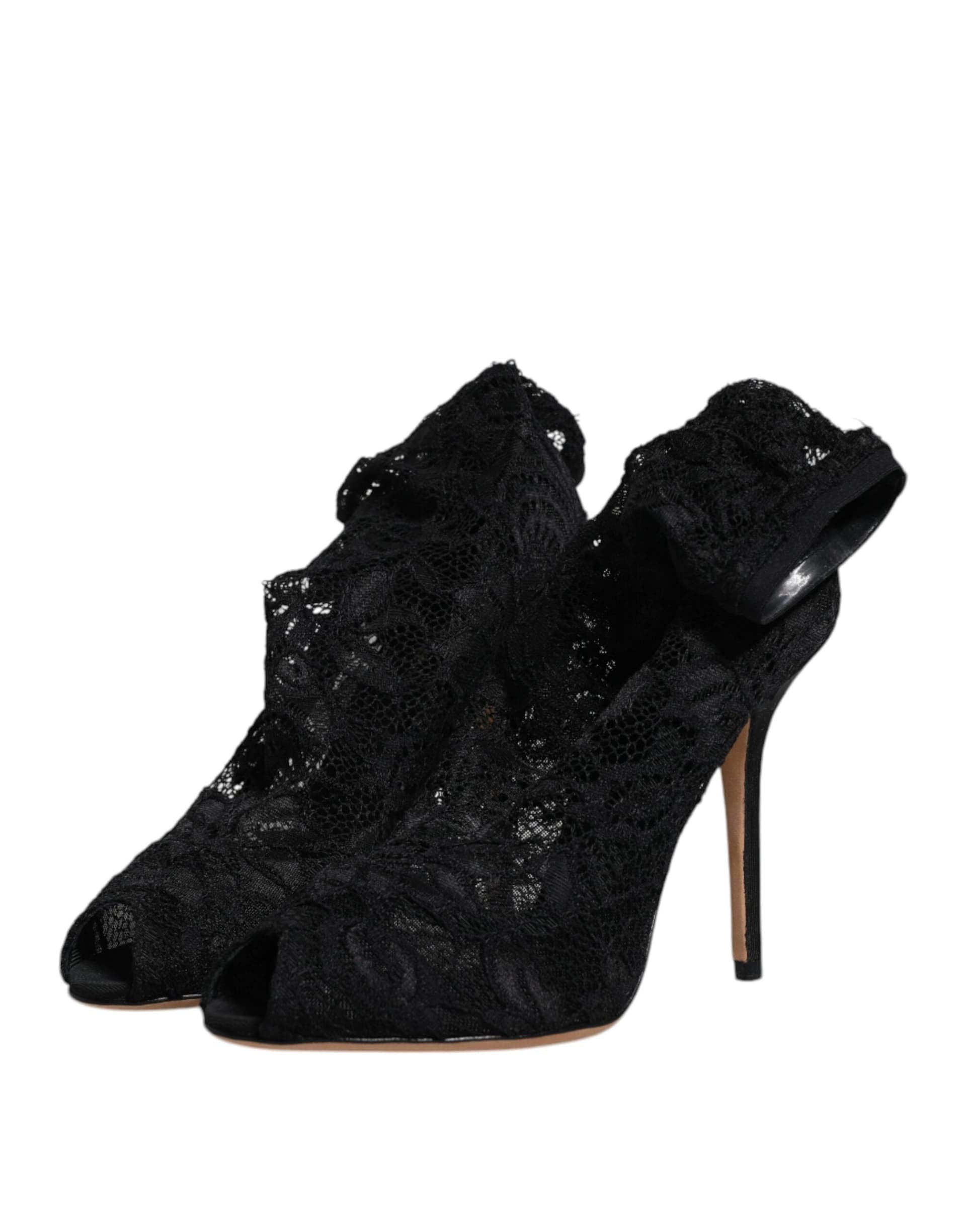 Dolce & Gabbana Black Lace Stretch Heels Mid Calf Boots Shoes - 3