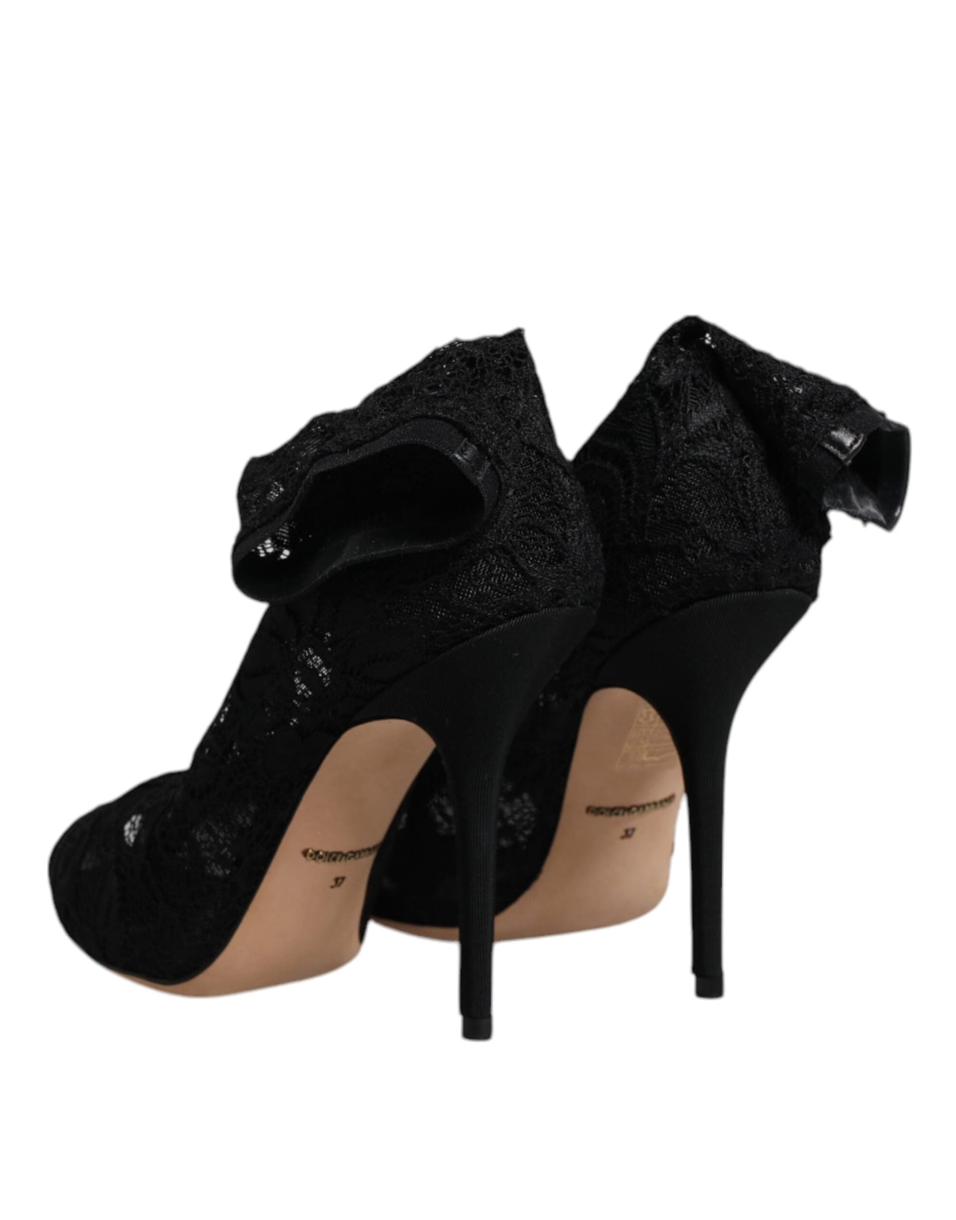 Dolce & Gabbana Black Lace Stretch Heels Mid Calf Boots Shoes - 4
