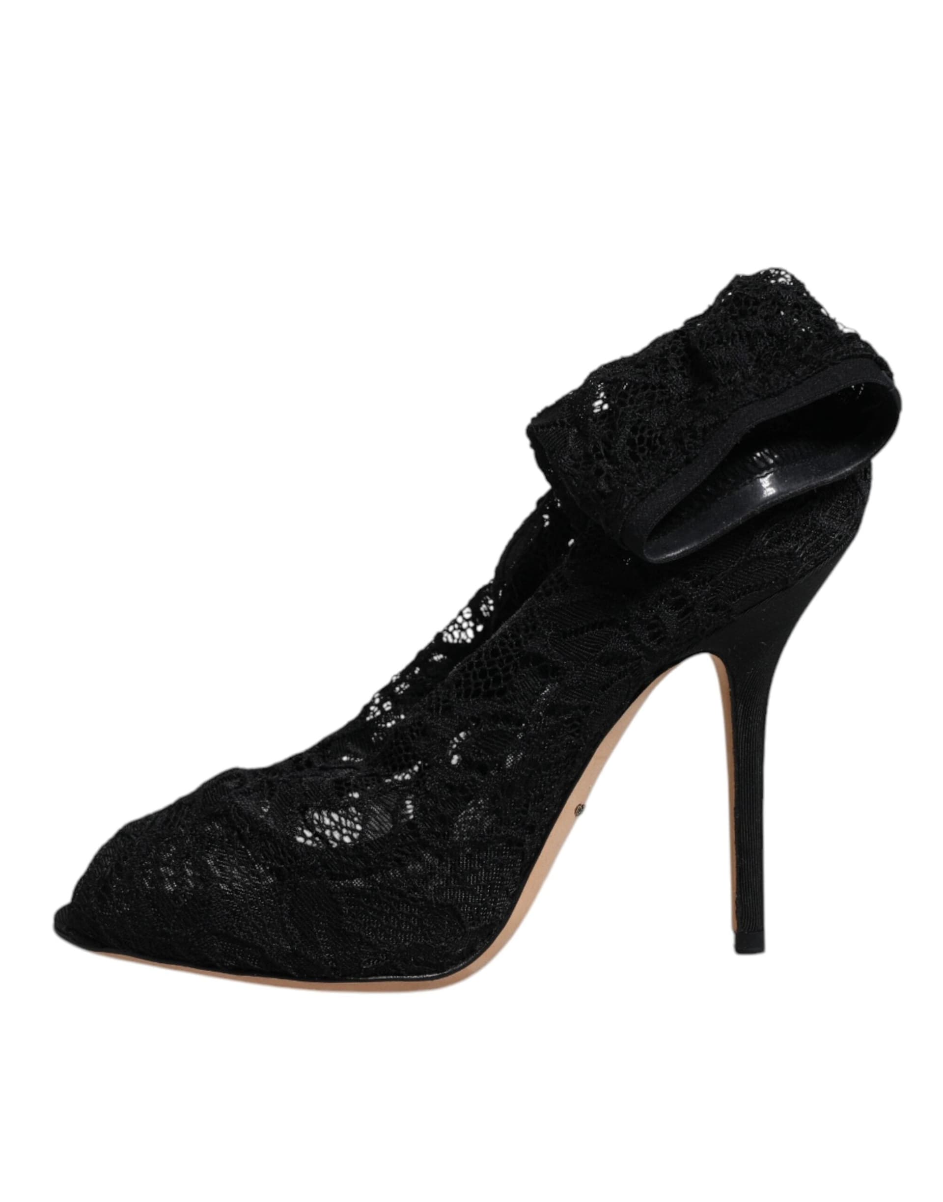 Dolce & Gabbana Black Lace Stretch Heels Mid Calf Boots Shoes - 5