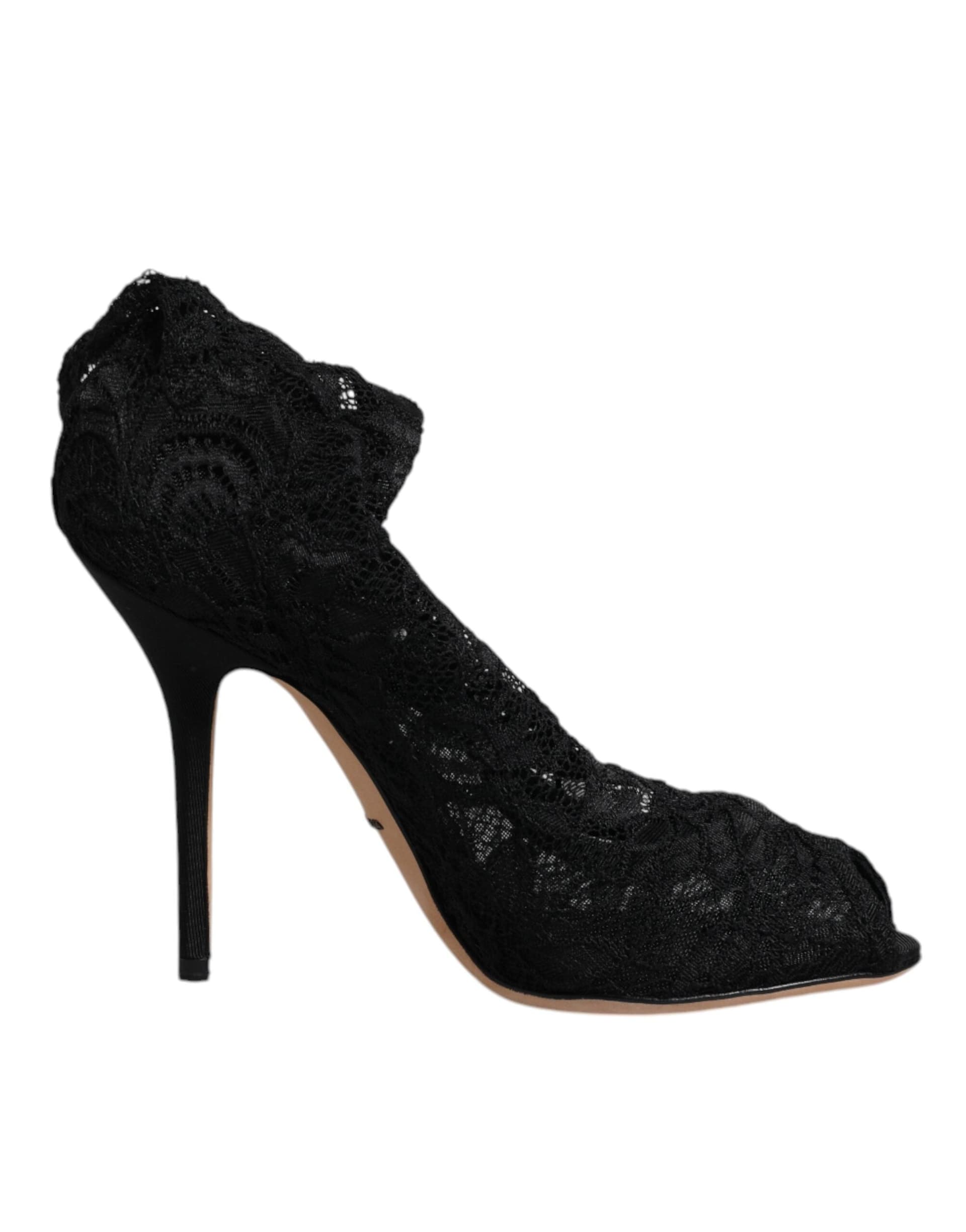 Dolce & Gabbana Black Lace Stretch Heels Mid Calf Boots Shoes - 6