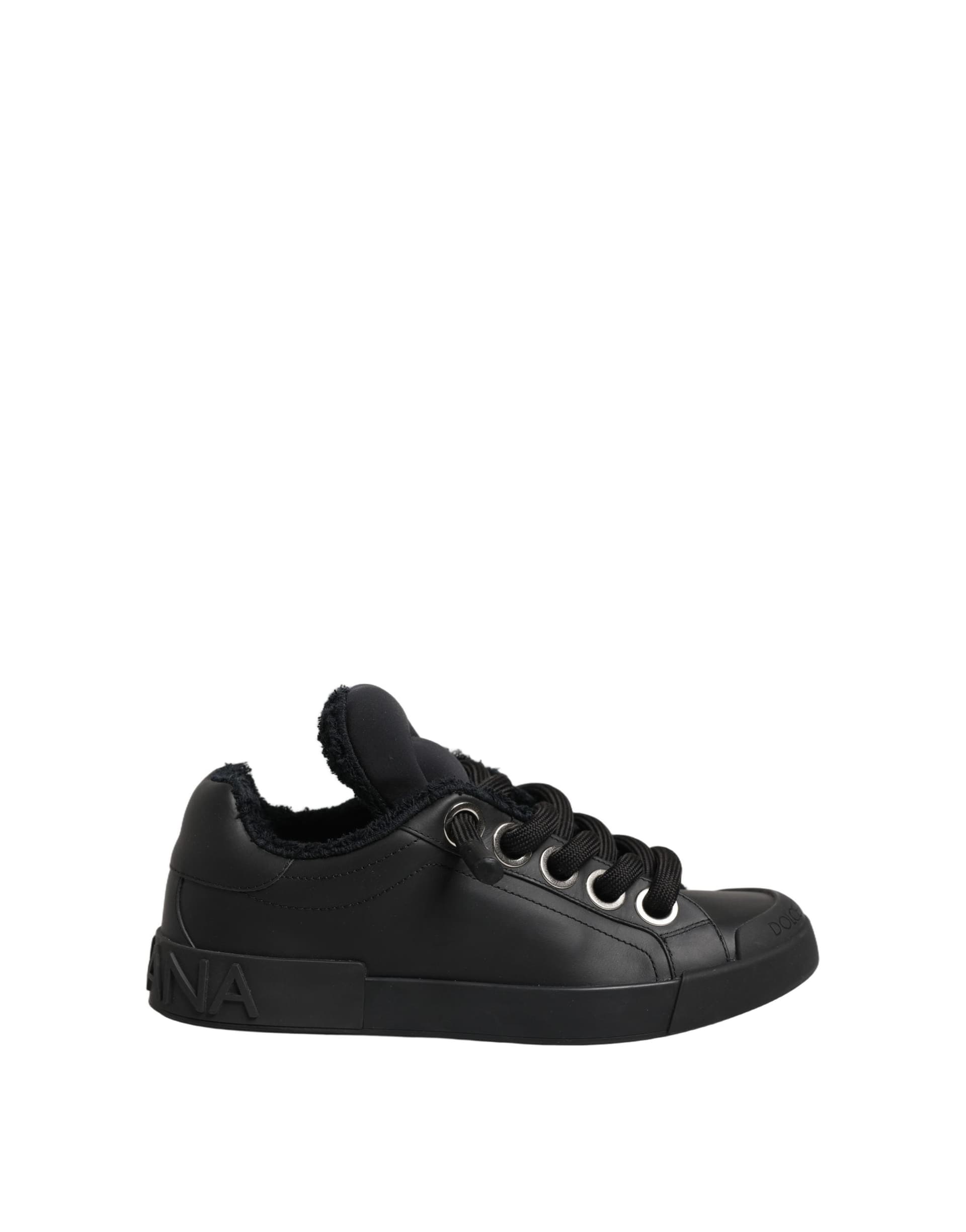 Dolce & Gabbana Black Leather Low Top Portofino Sneakers Shoes - 2