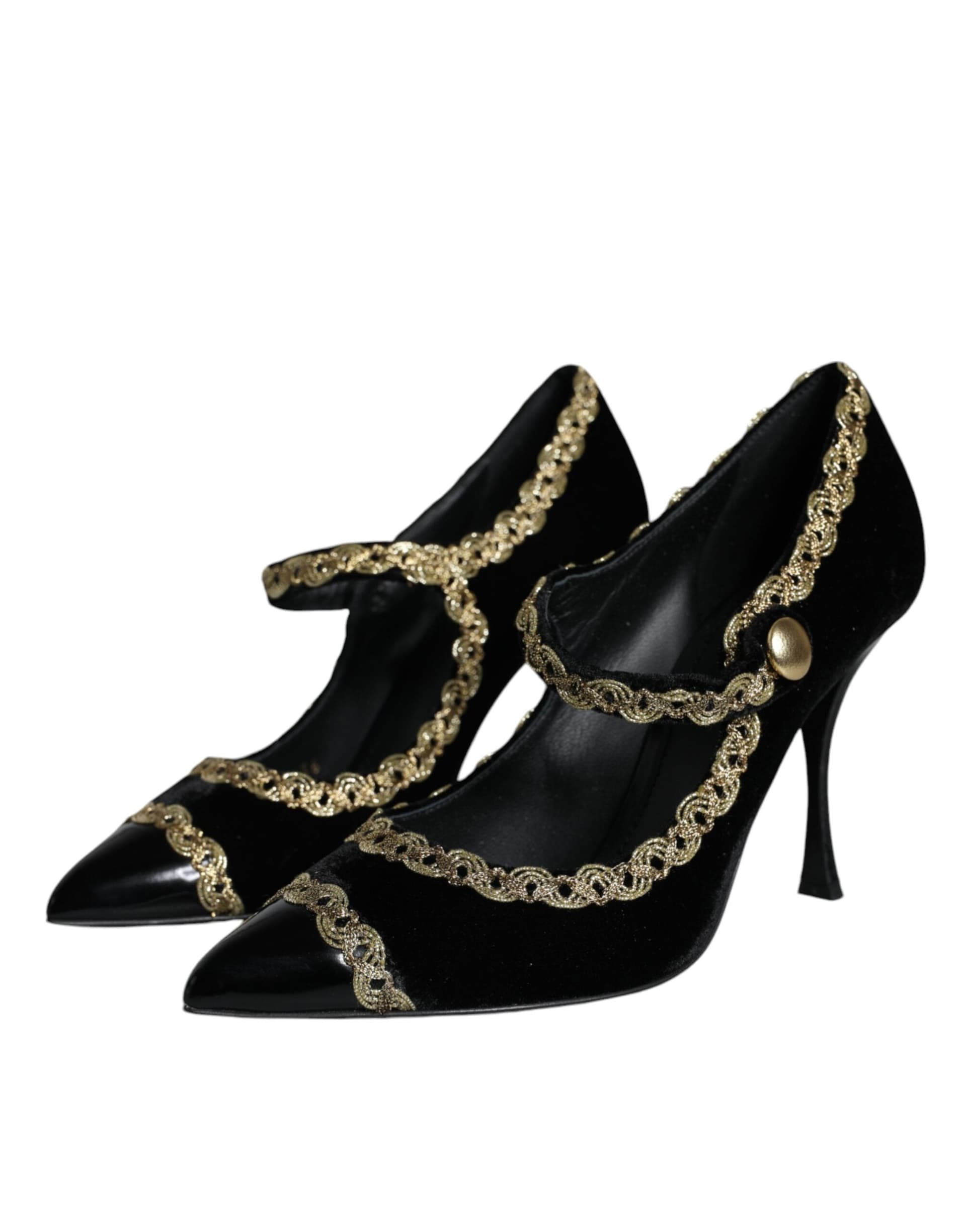 Dolce & Gabbana Black Mary Janes Velvet Gold Pumps Shoes - 2