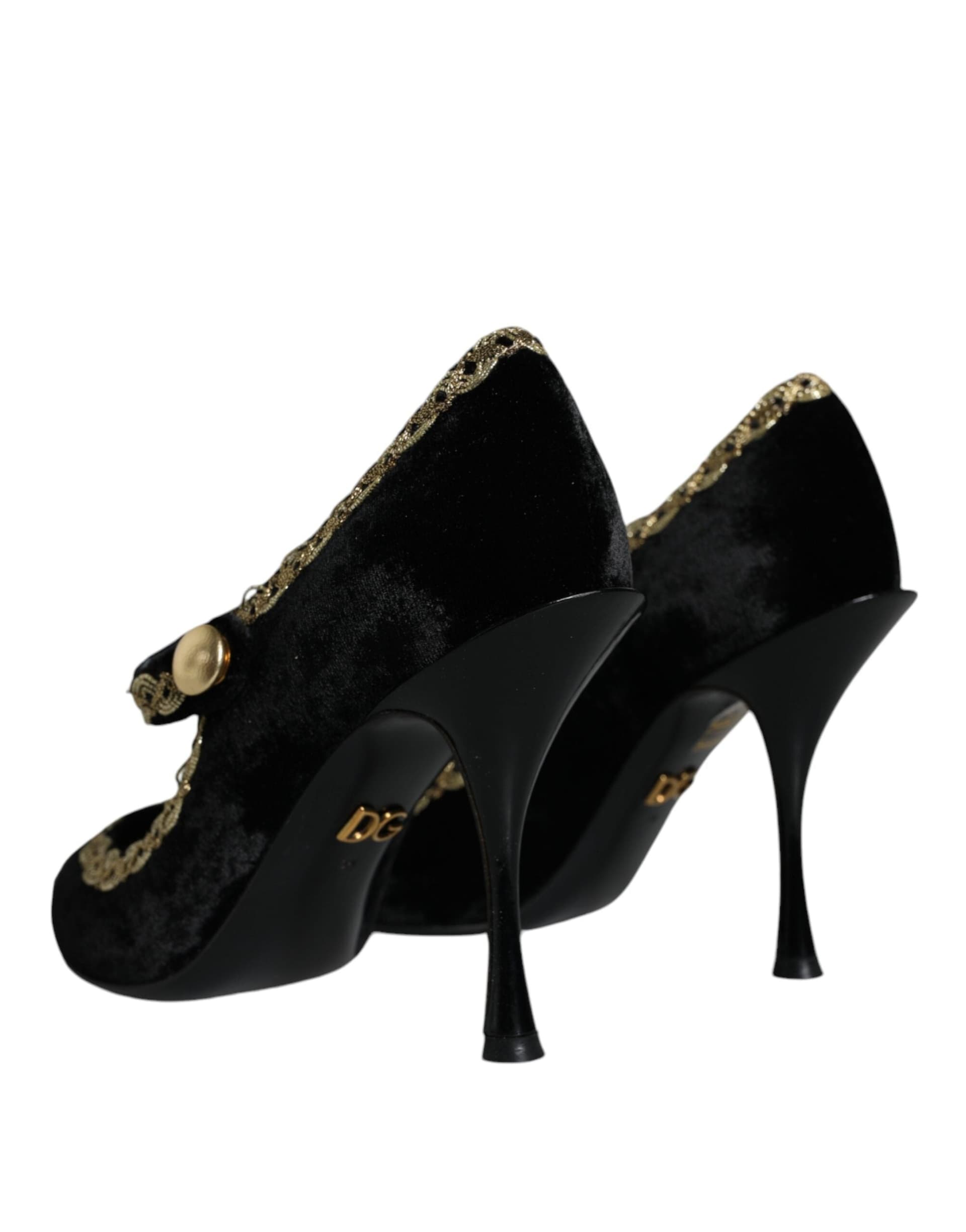 Dolce & Gabbana Black Mary Janes Velvet Gold Pumps Shoes - 3
