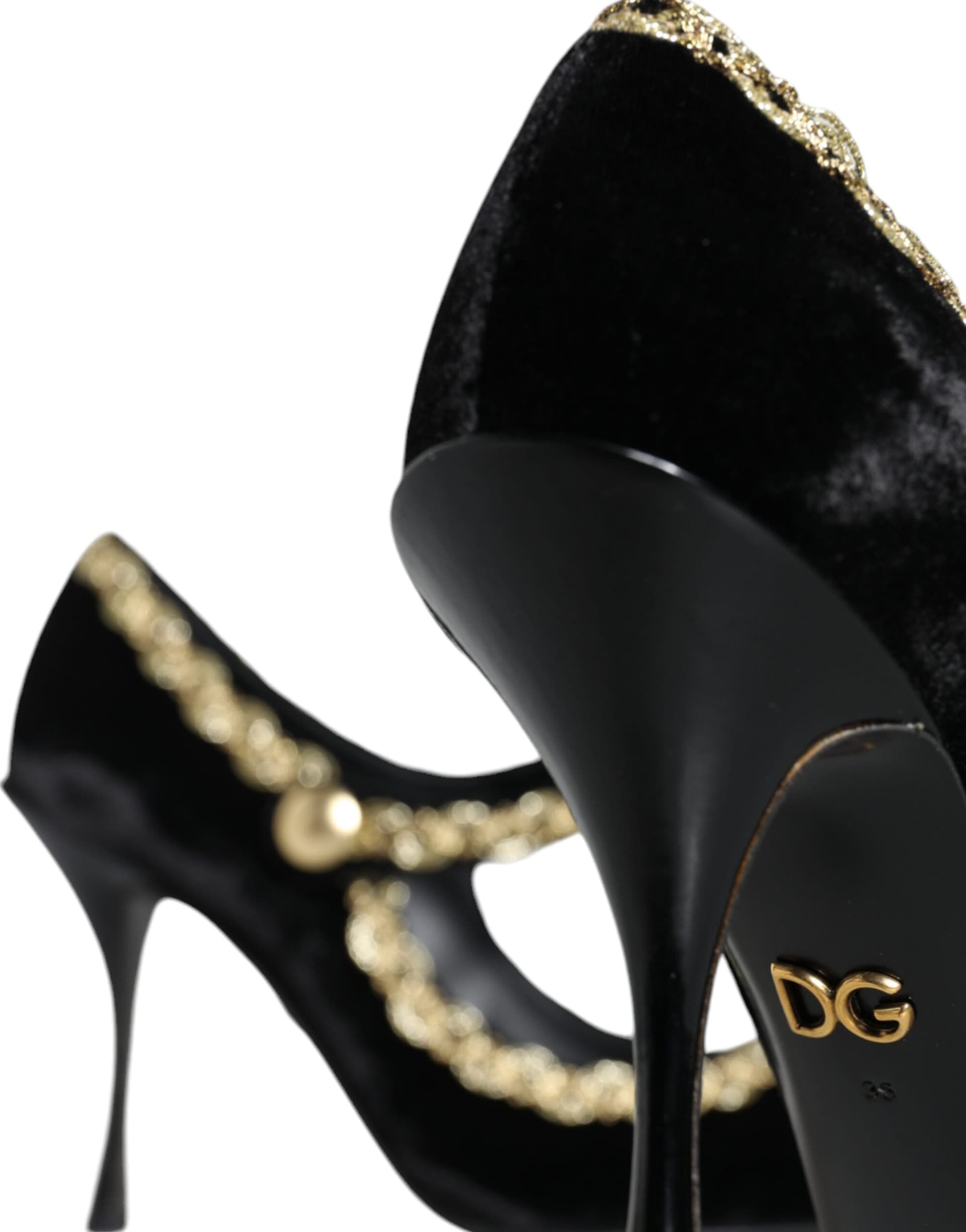 Dolce & Gabbana Black Mary Janes Velvet Gold Pumps Shoes - 4