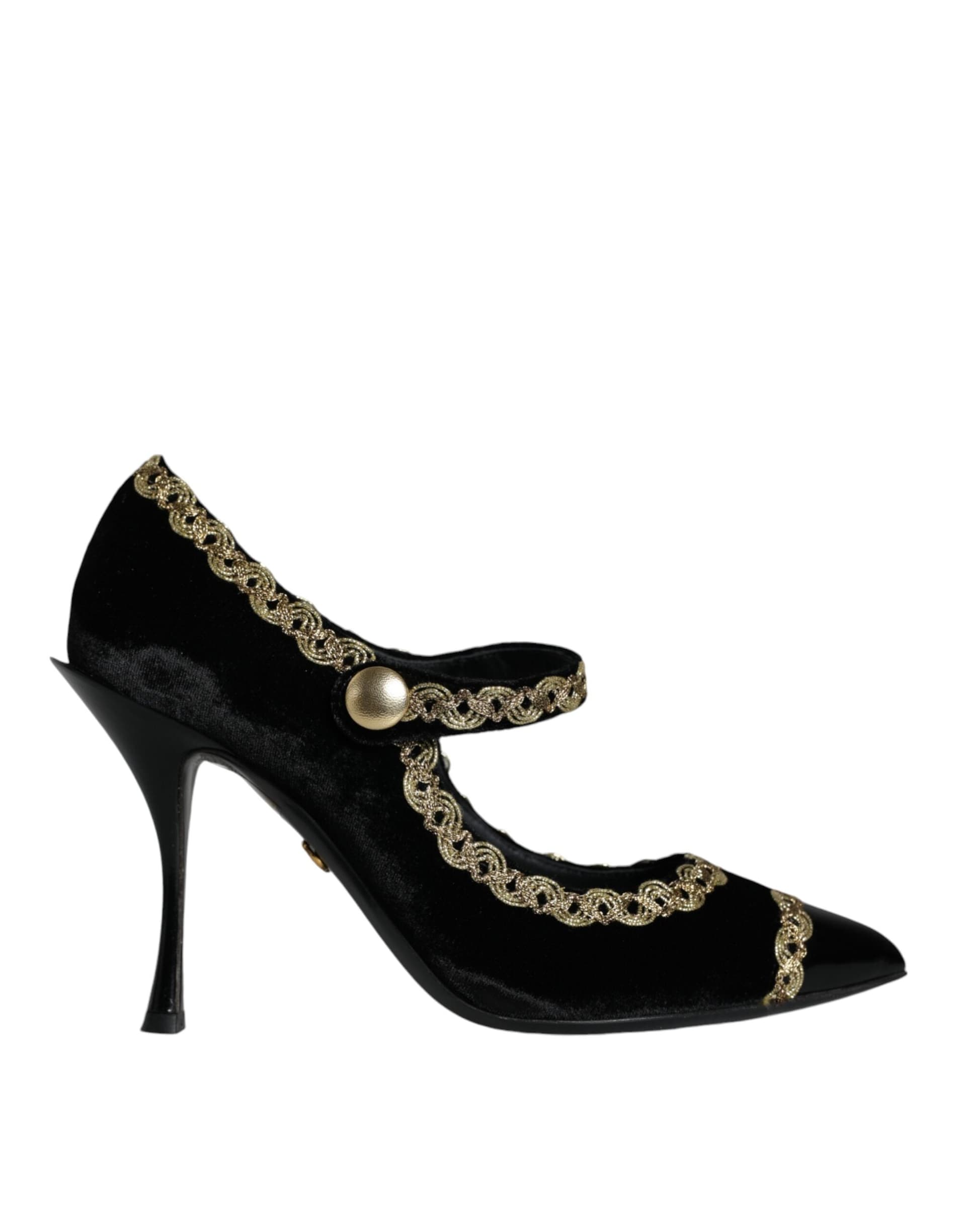 Dolce & Gabbana Black Mary Janes Velvet Gold Pumps Shoes - 6