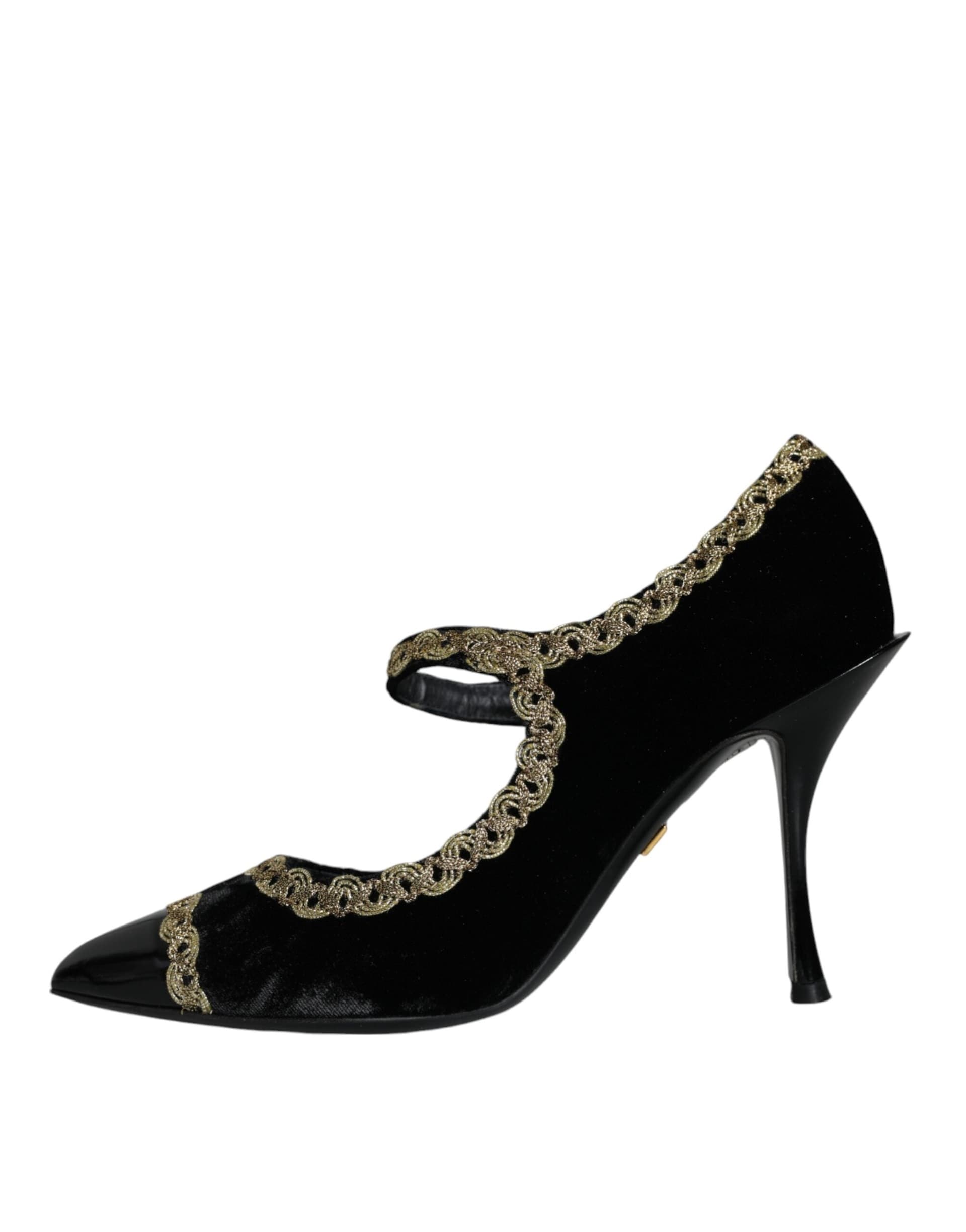 Dolce & Gabbana Black Mary Janes Velvet Gold Pumps Shoes - 7