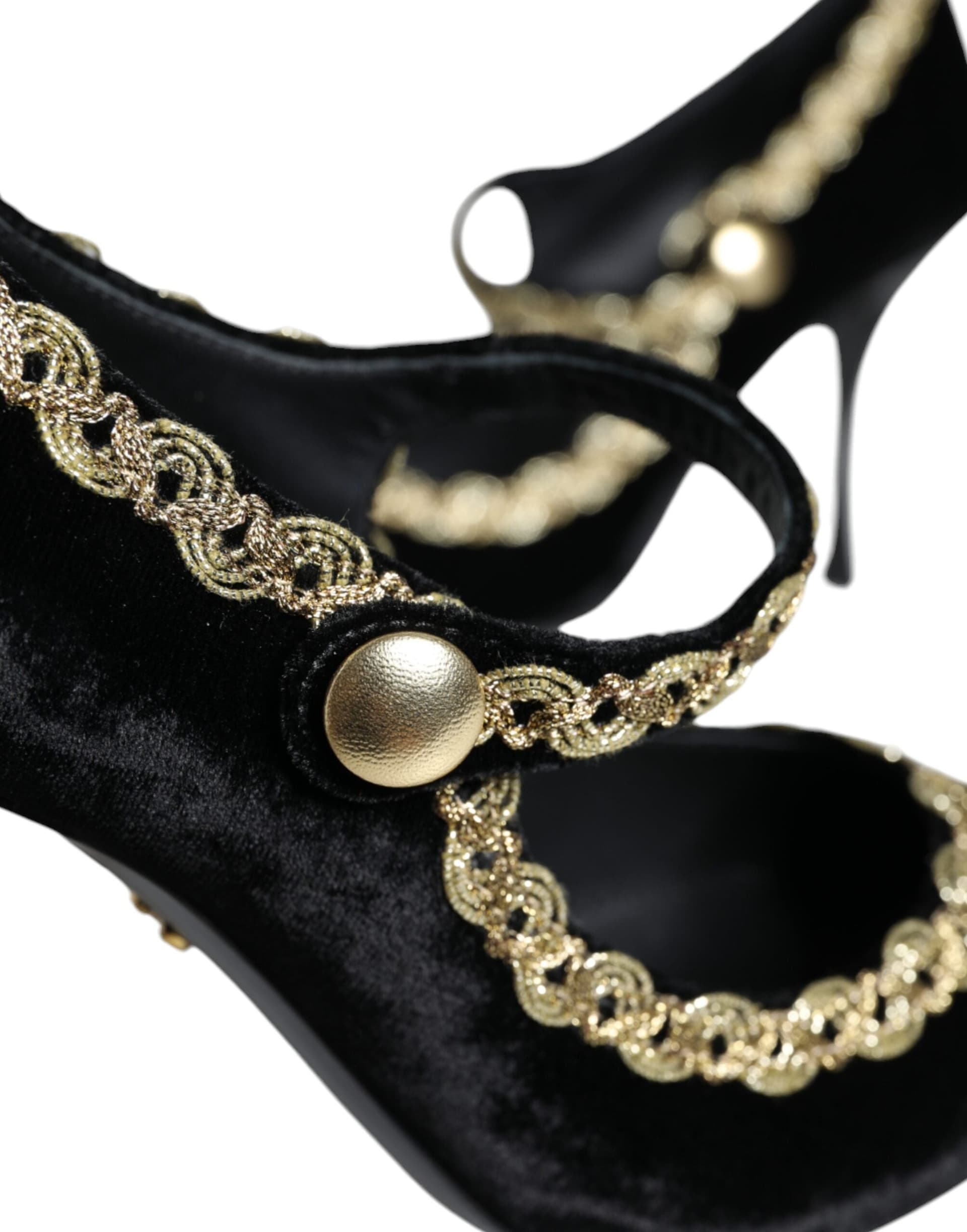 Dolce & Gabbana Black Mary Janes Velvet Gold Pumps Shoes - 8