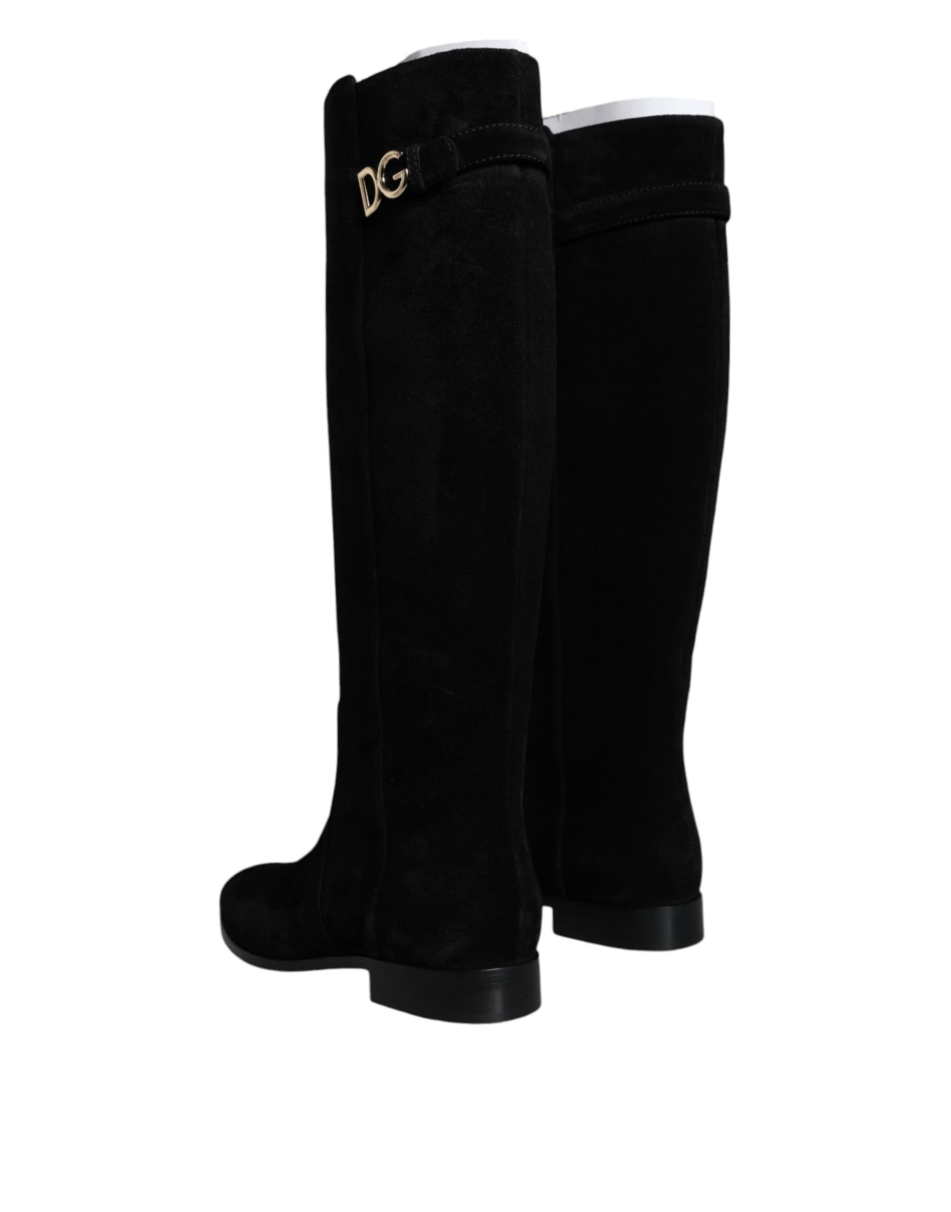 Dolce & Gabbana Black Suede Leather Knee High Boots Shoes - 6