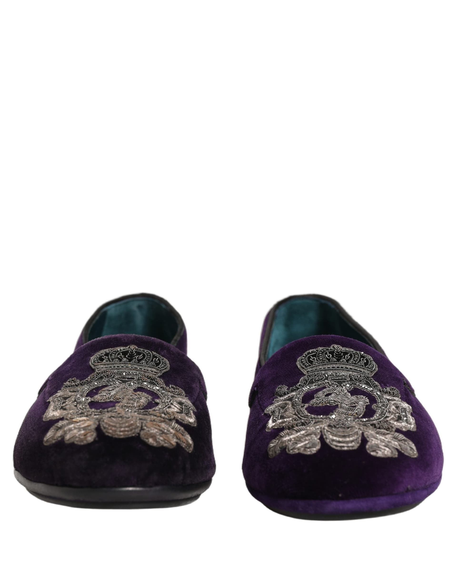 Dolce & Gabbana Purple Velvet Crown Embroidery Loafers Shoes - 3