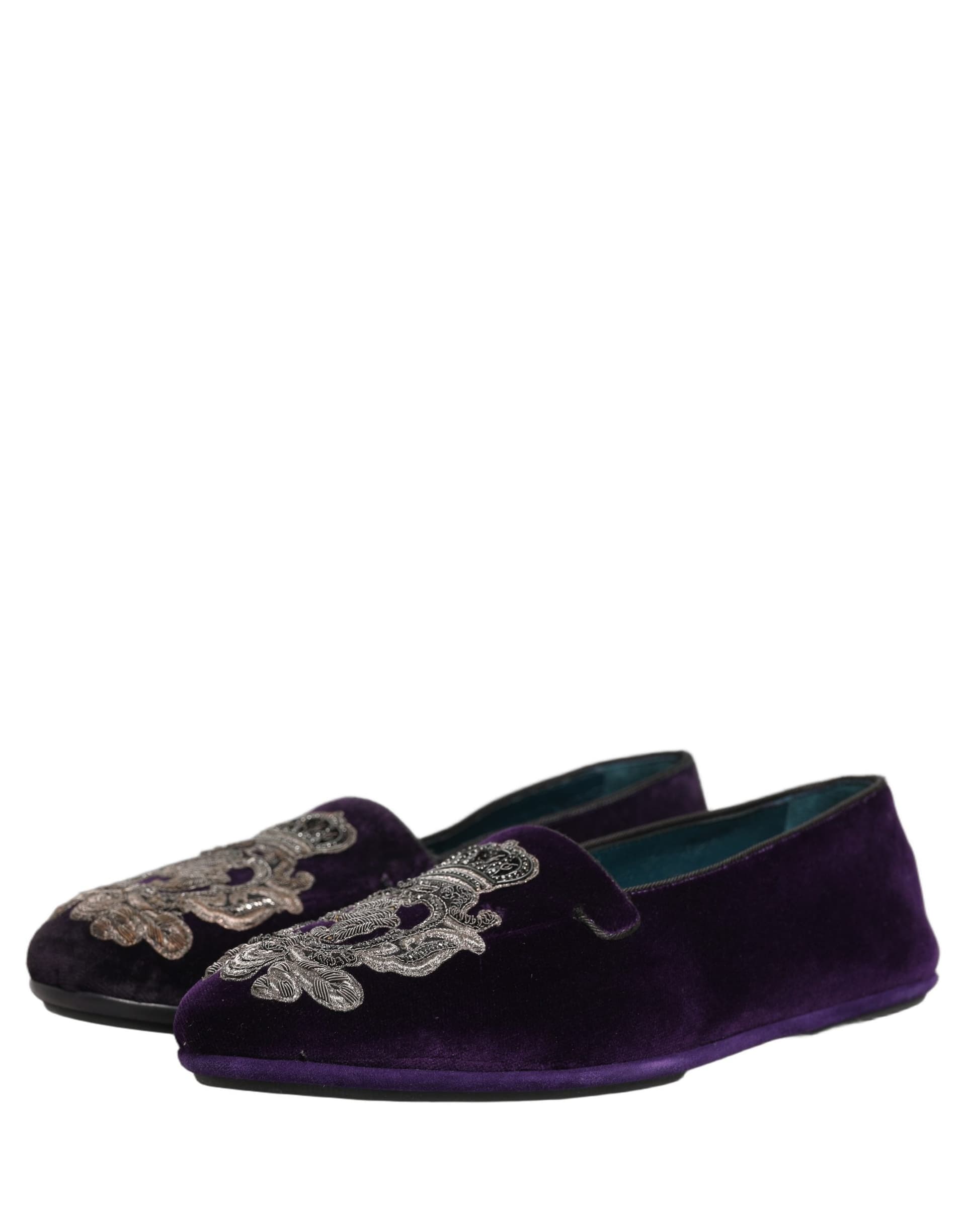 Dolce & Gabbana Purple Velvet Crown Embroidery Loafers Shoes - 4