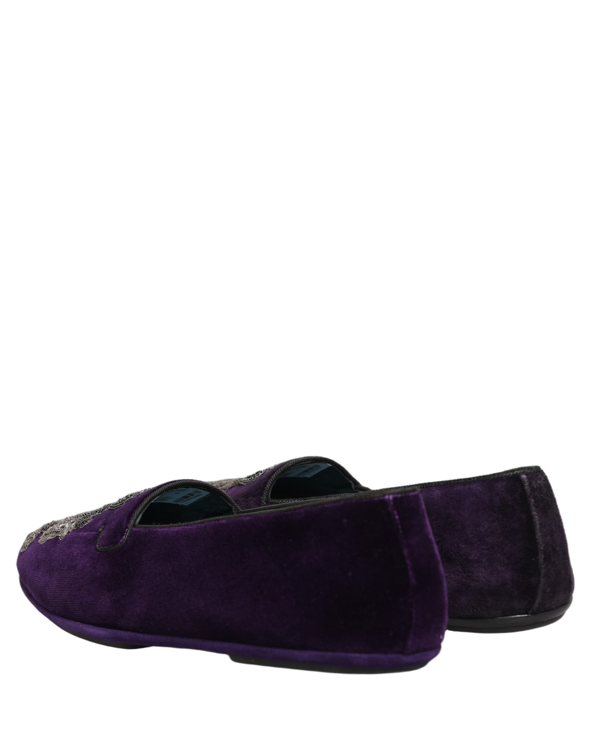 Dolce & Gabbana Purple Velvet Crown Embroidery Loafers Shoes - 5