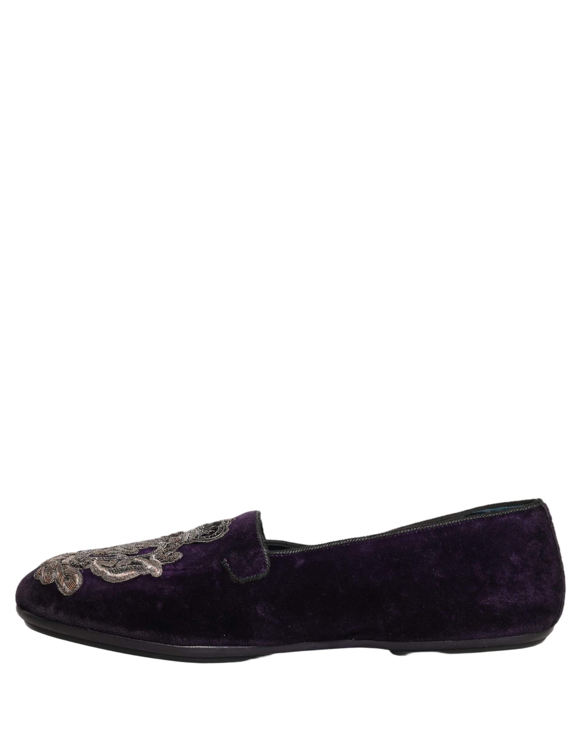 Dolce & Gabbana Purple Velvet Crown Embroidery Loafers Shoes - 6