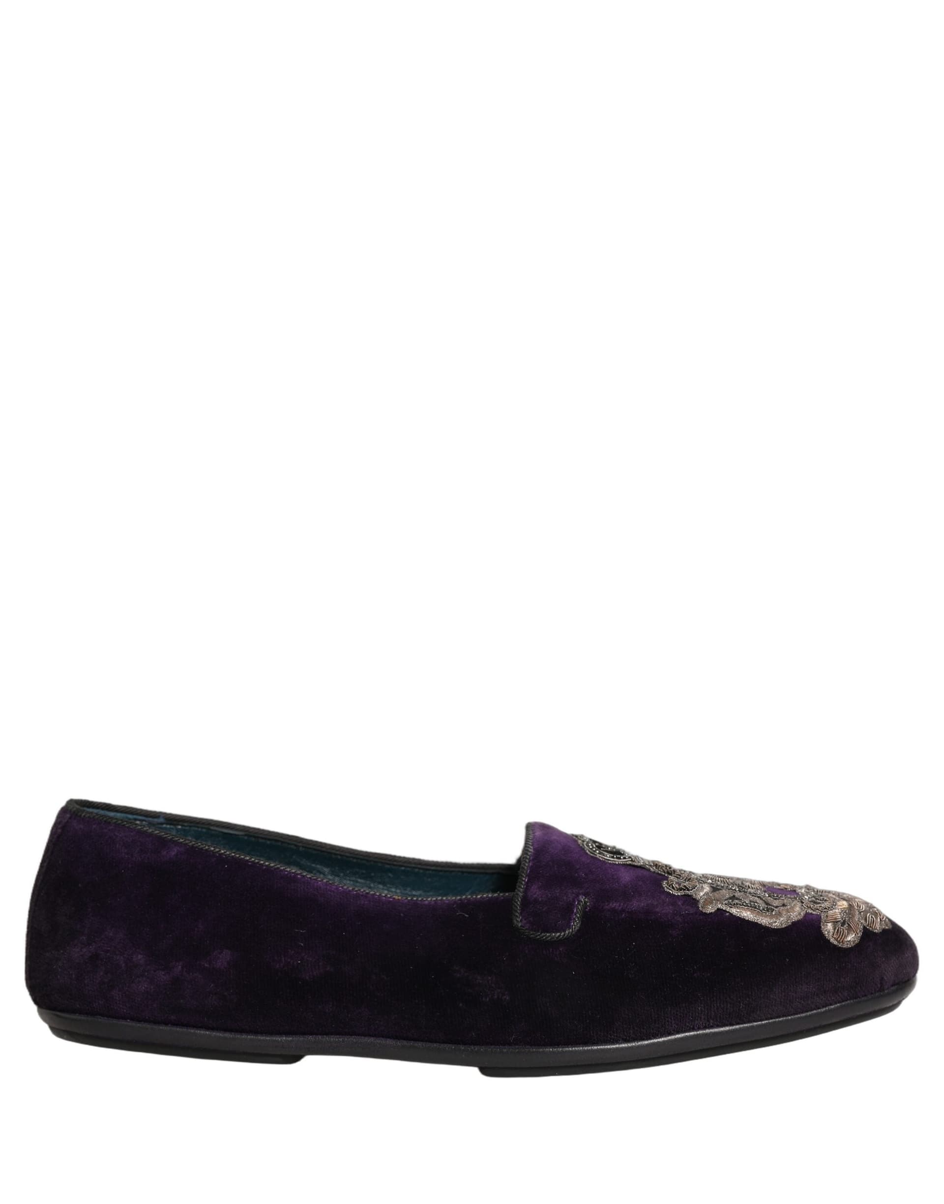 Dolce & Gabbana Purple Velvet Crown Embroidery Loafers Shoes - 7