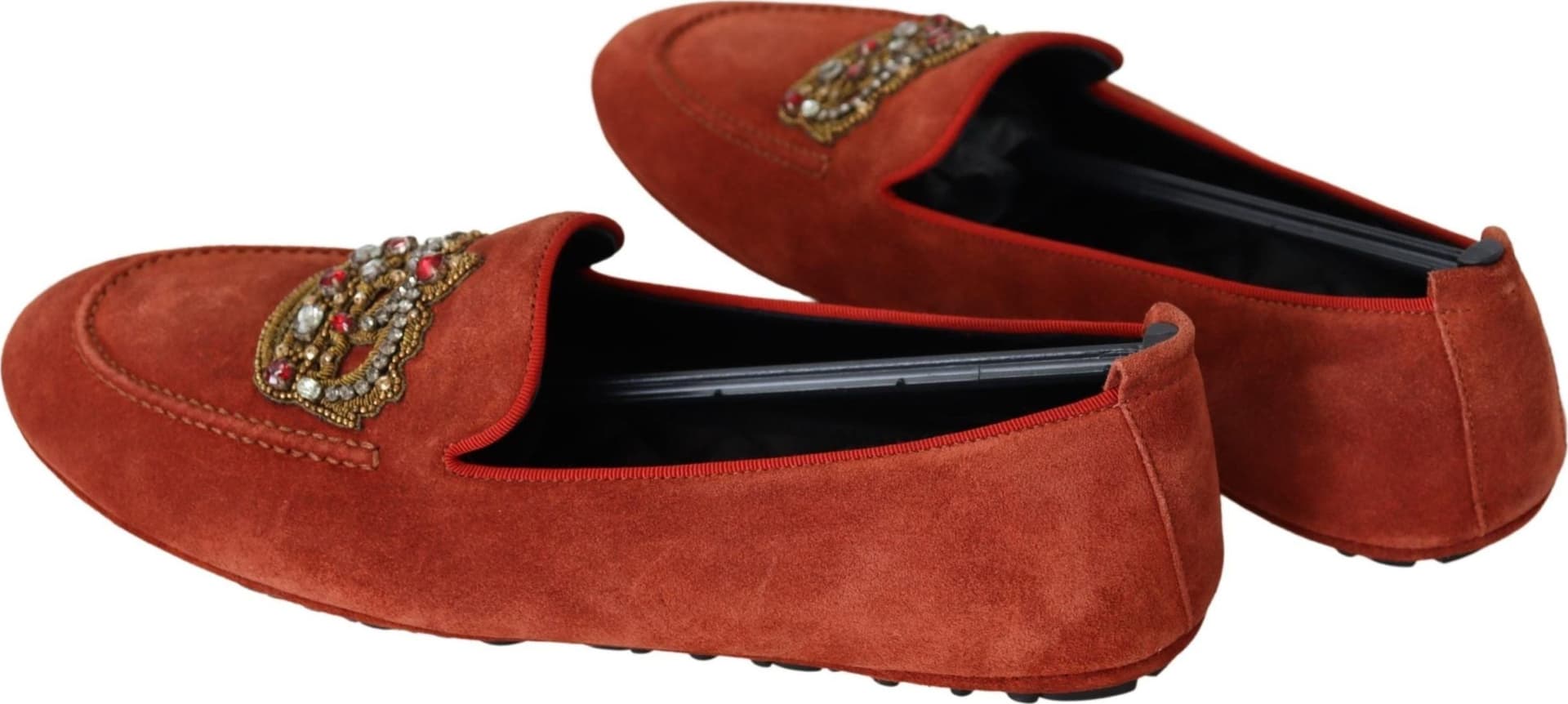 Dolce & Gabbana Orange Leather Crystal Crown  Loafers Shoes - 2