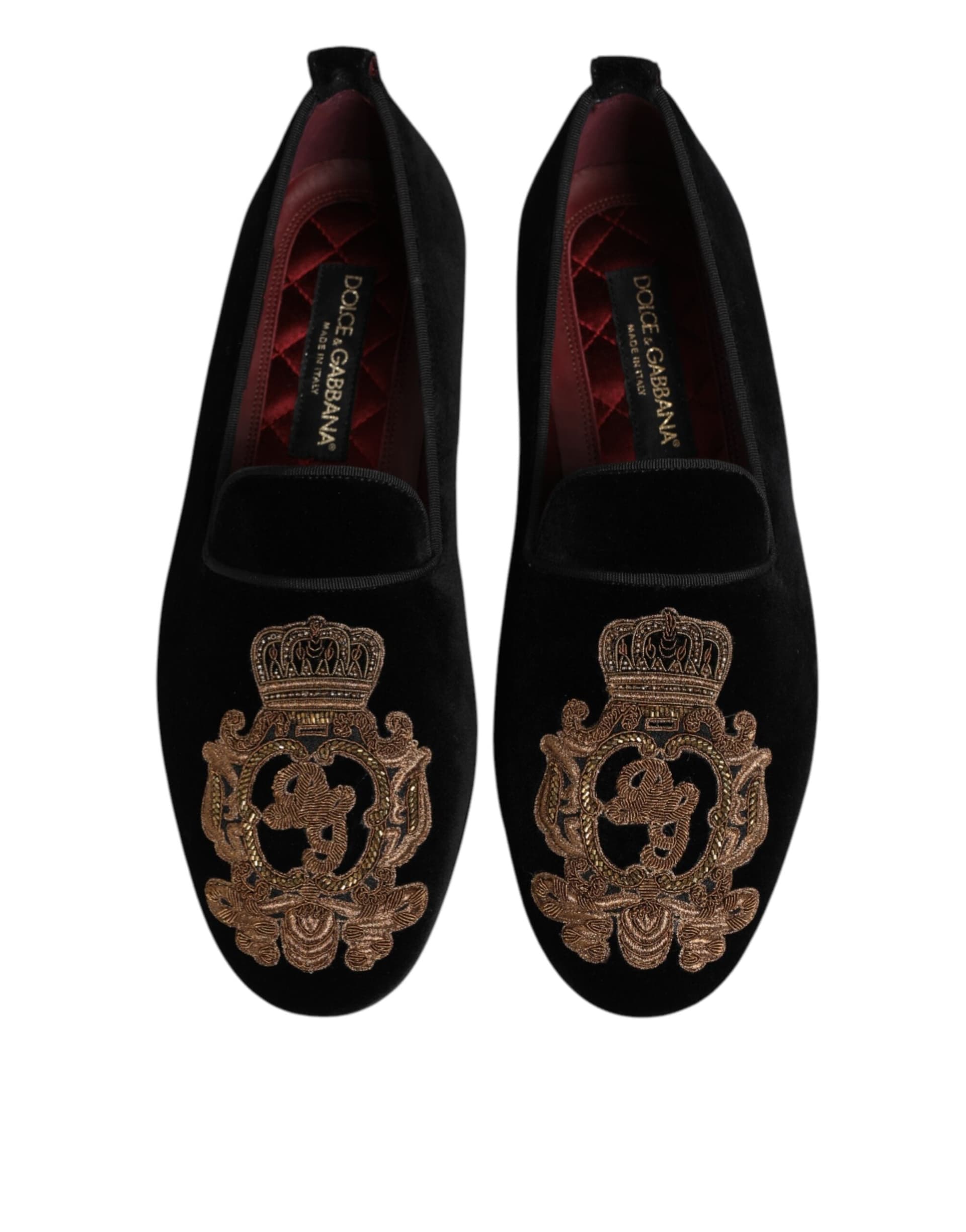 Dolce & Gabbana Black Velvet Gold Crown Mens Loafers Shoes - 2