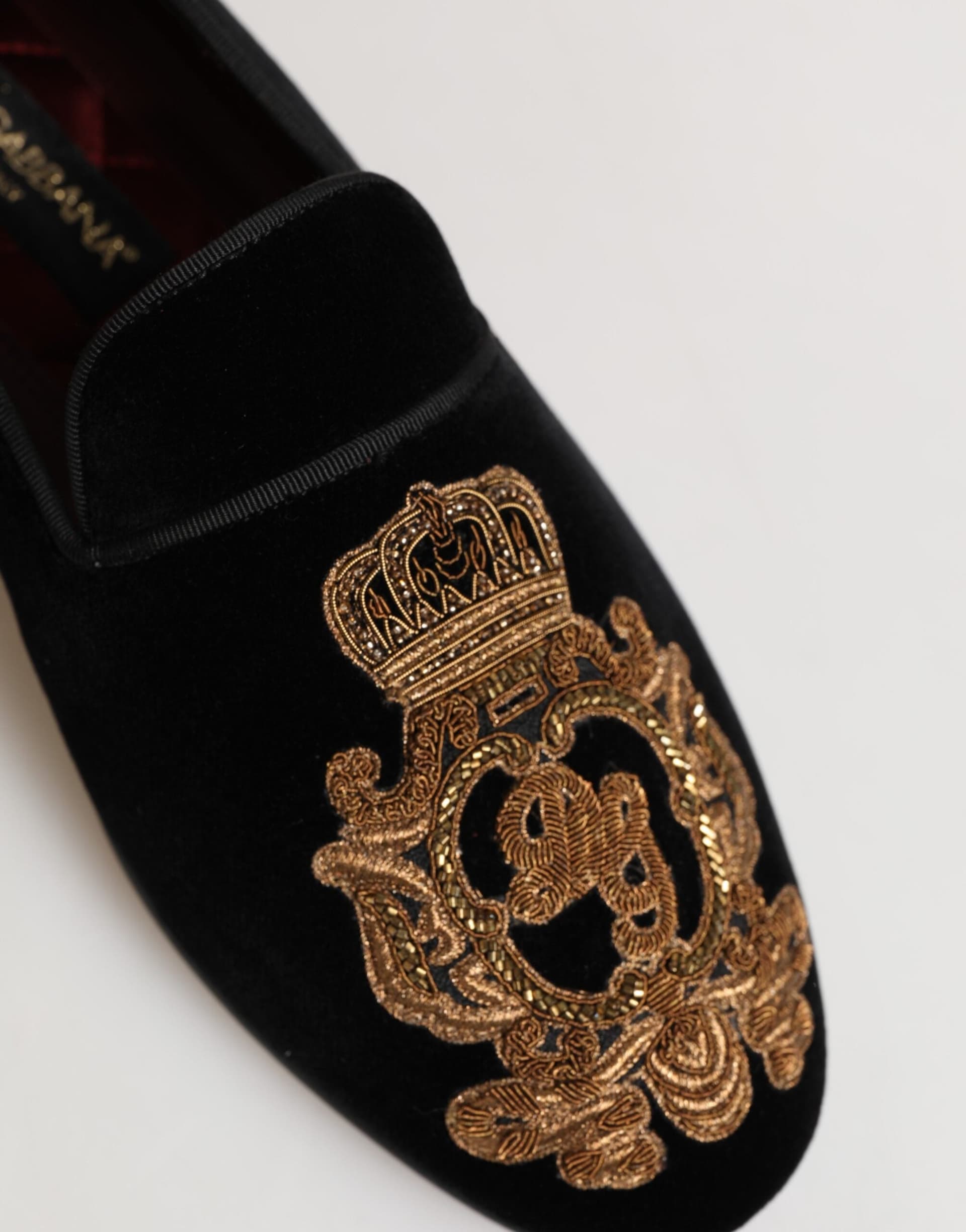 Dolce & Gabbana Black Velvet Gold Crown Mens Loafers Shoes - 3