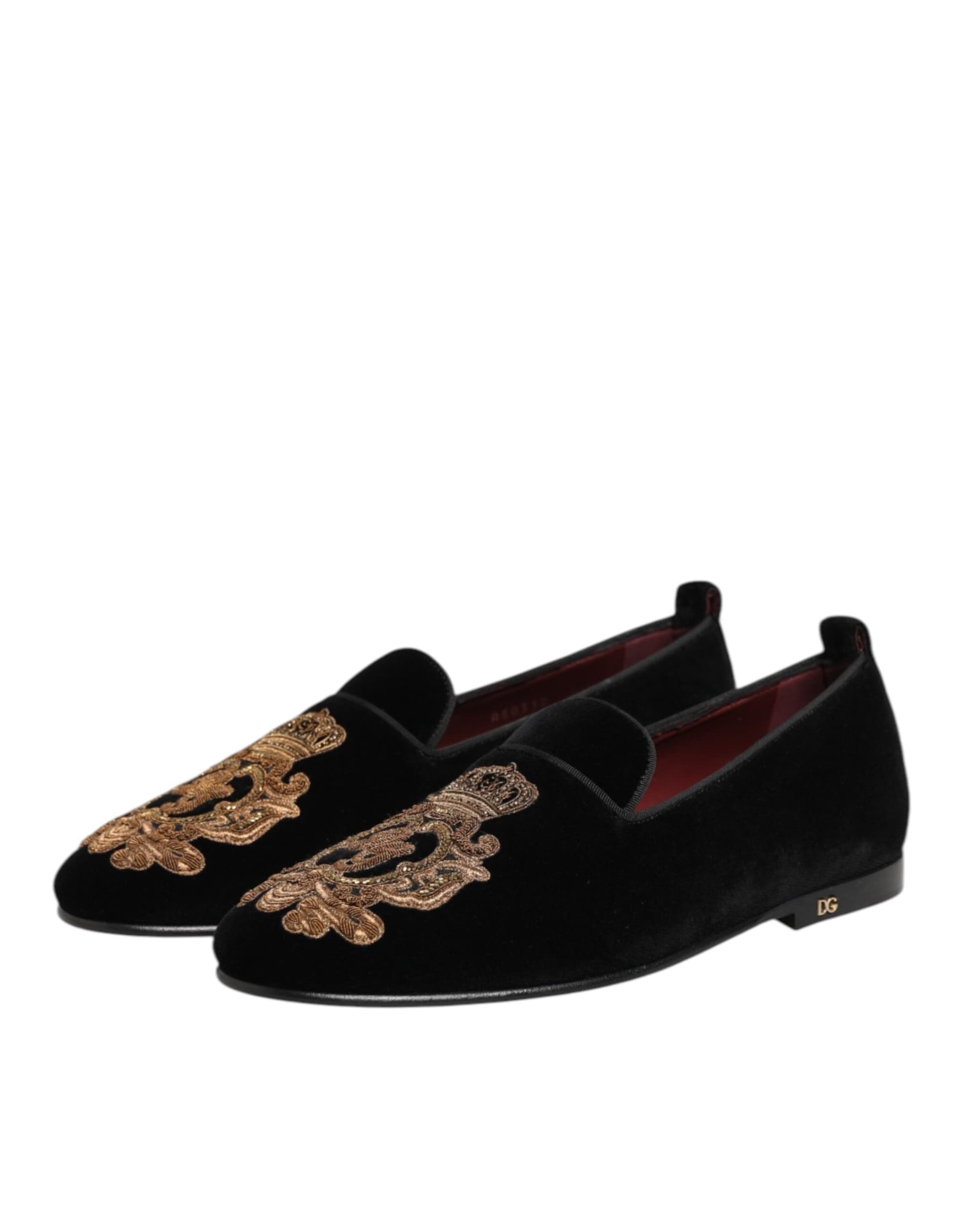 Dolce & Gabbana Black Velvet Gold Crown Mens Loafers Shoes - 4