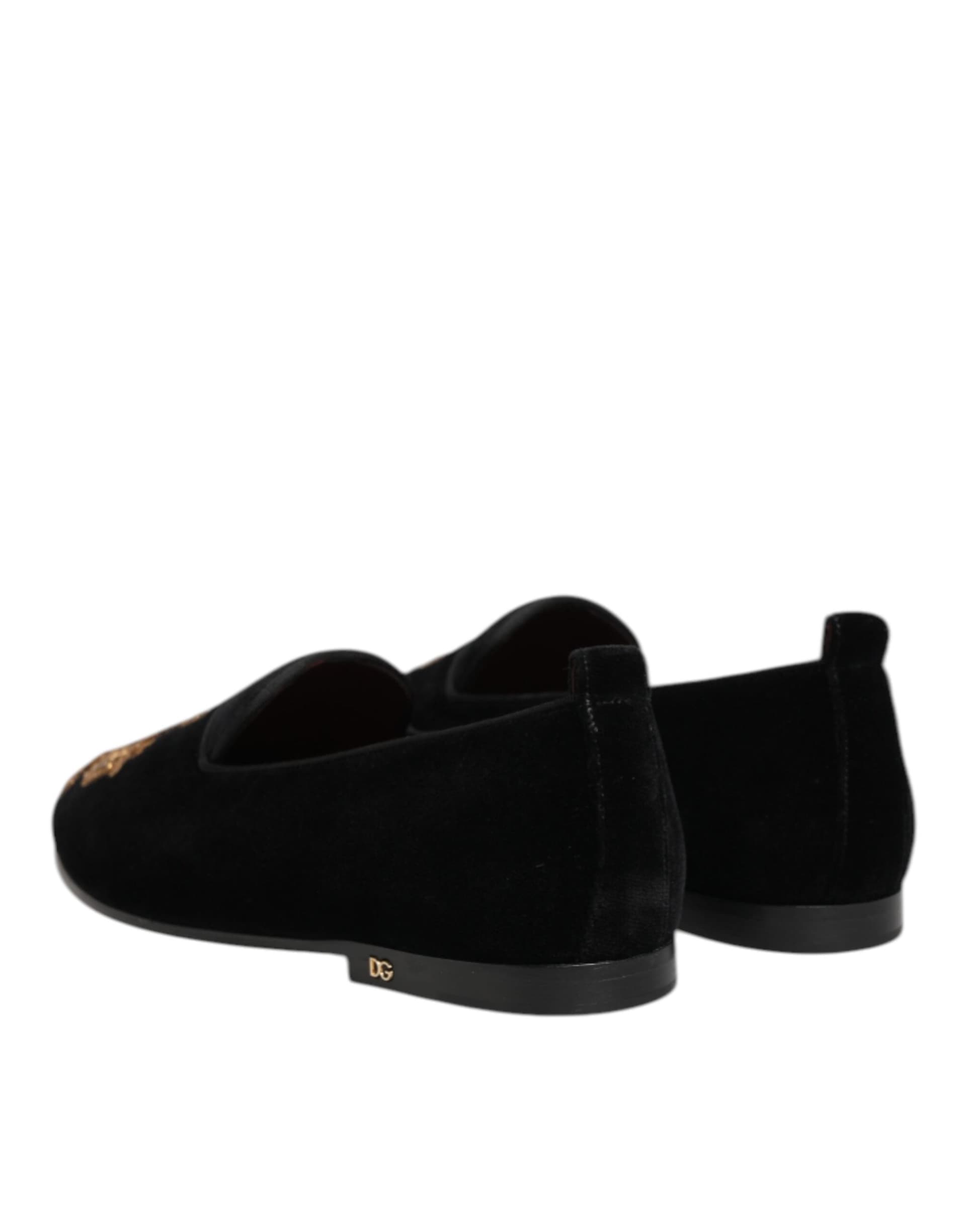 Dolce & Gabbana Black Velvet Gold Crown Mens Loafers Shoes - 5