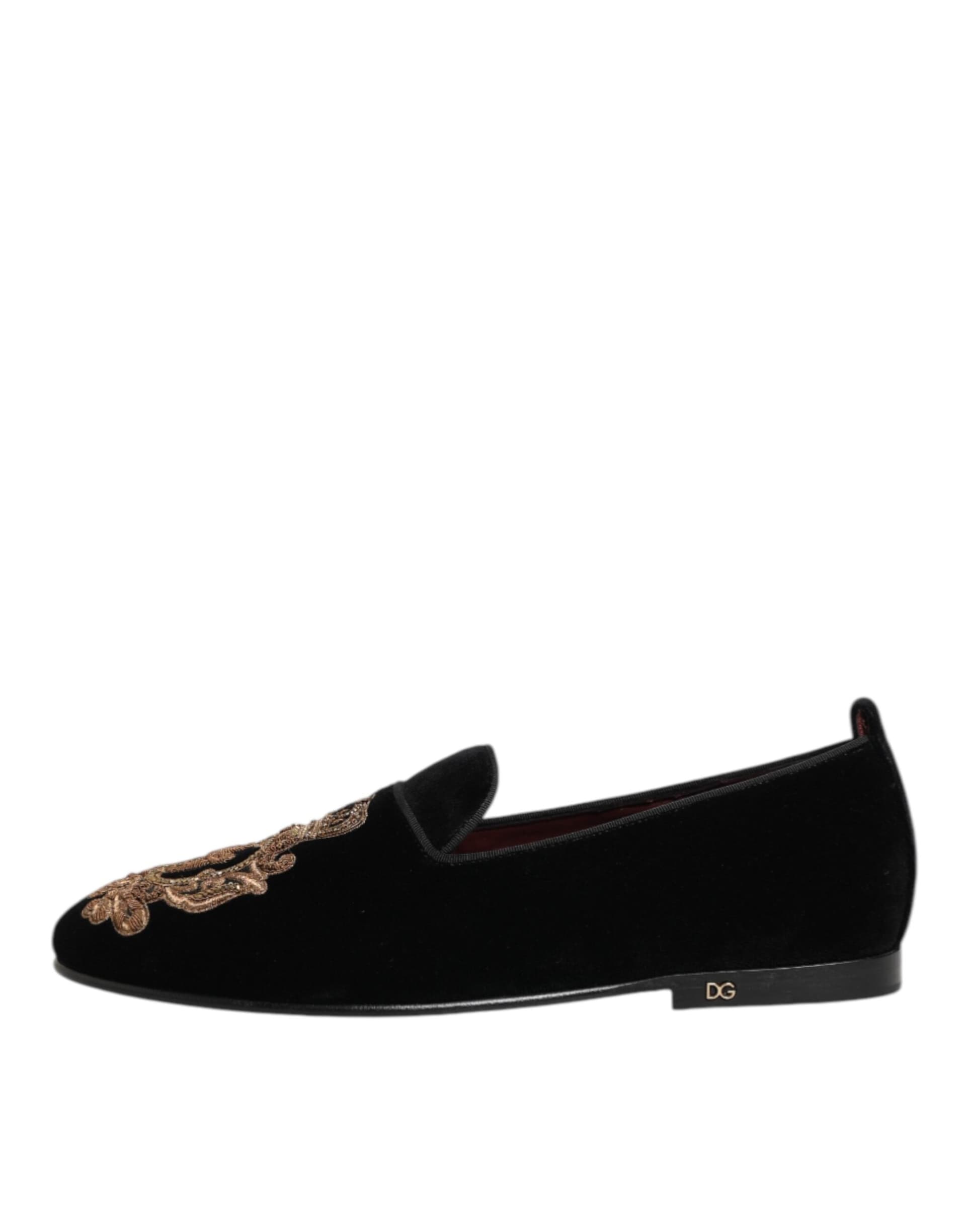 Dolce & Gabbana Black Velvet Gold Crown Mens Loafers Shoes - 6