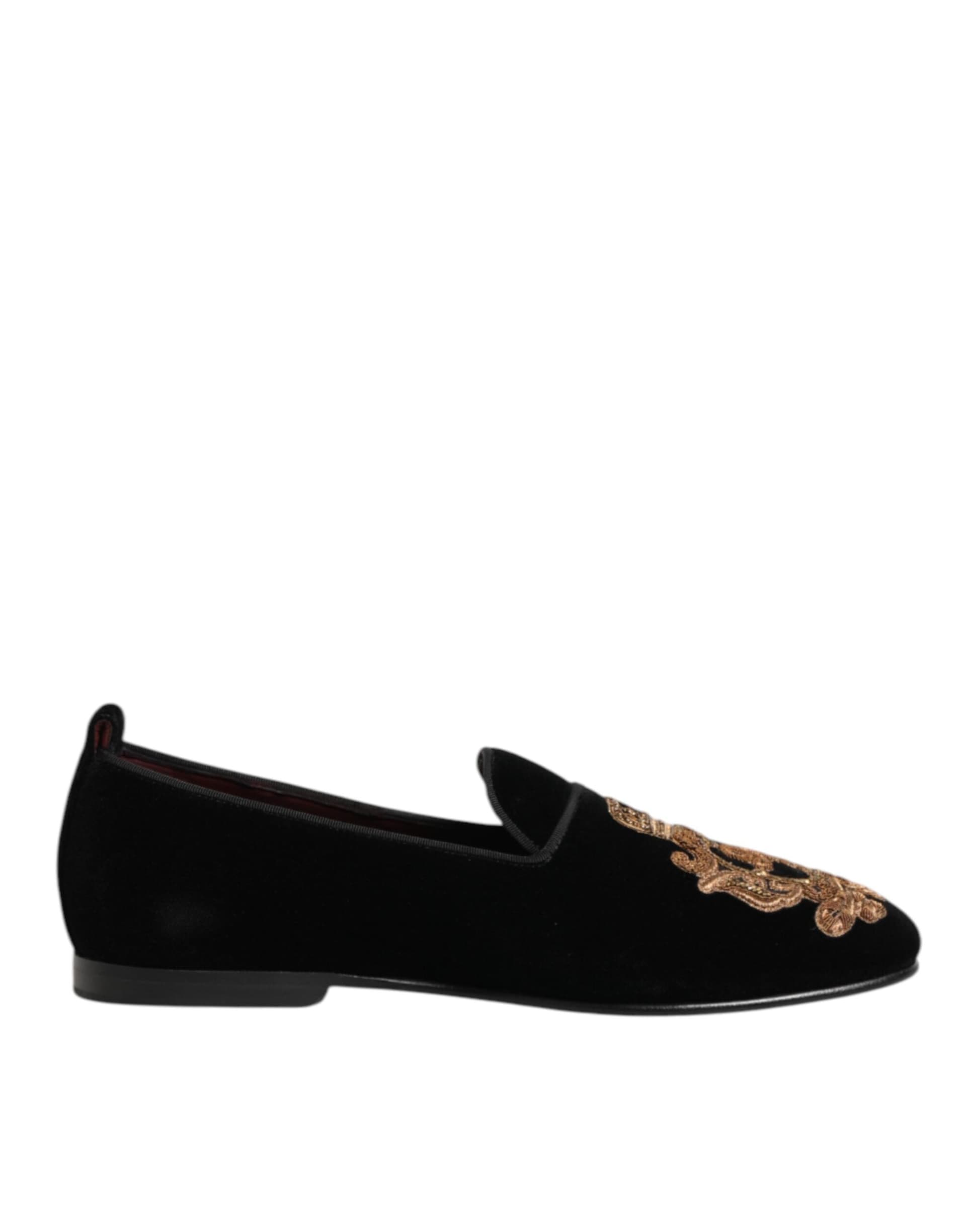 Dolce & Gabbana Black Velvet Gold Crown Mens Loafers Shoes - 8