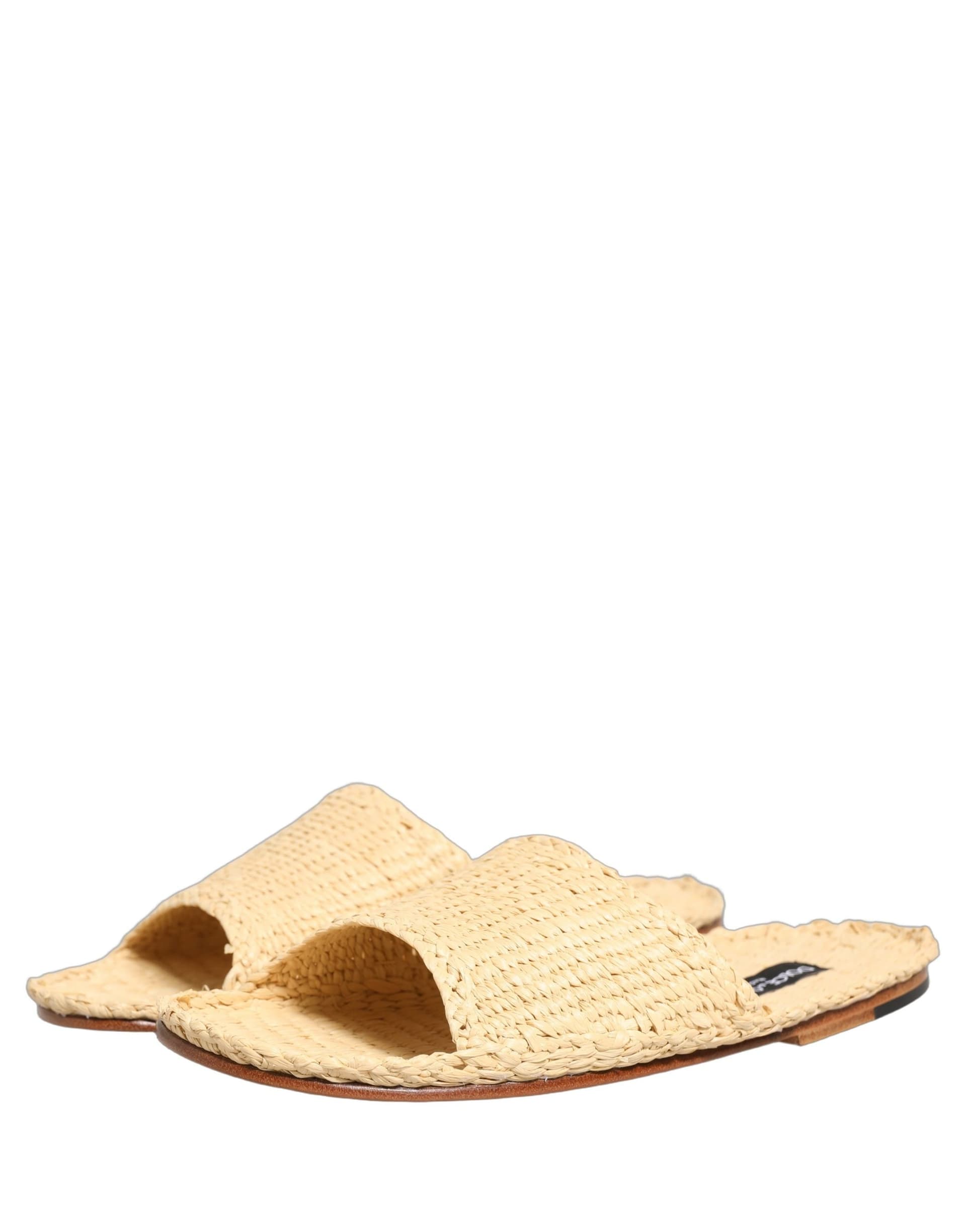 Dolce & Gabbana Beige Straw Raffia Slides Sandals Flats Shoes - 7