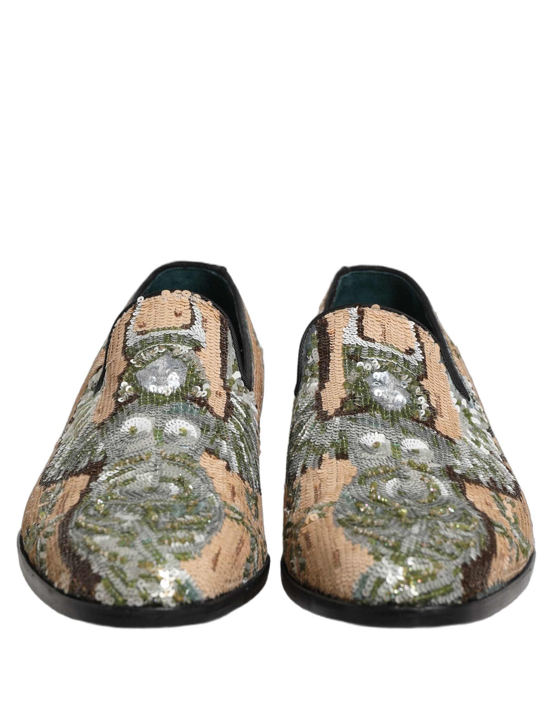 Dolce & Gabbana Beige Sequin Embroidery Dress Loafers Shoes - 2