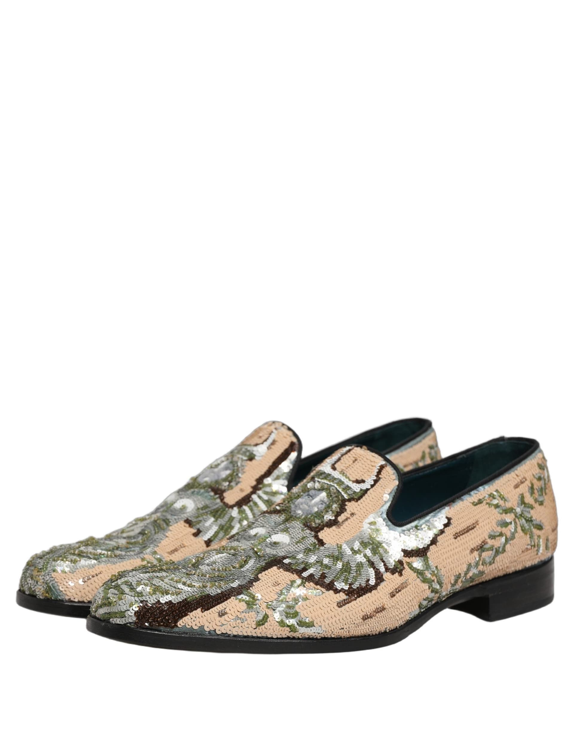 Dolce & Gabbana Beige Sequin Embroidery Dress Loafers Shoes - 4