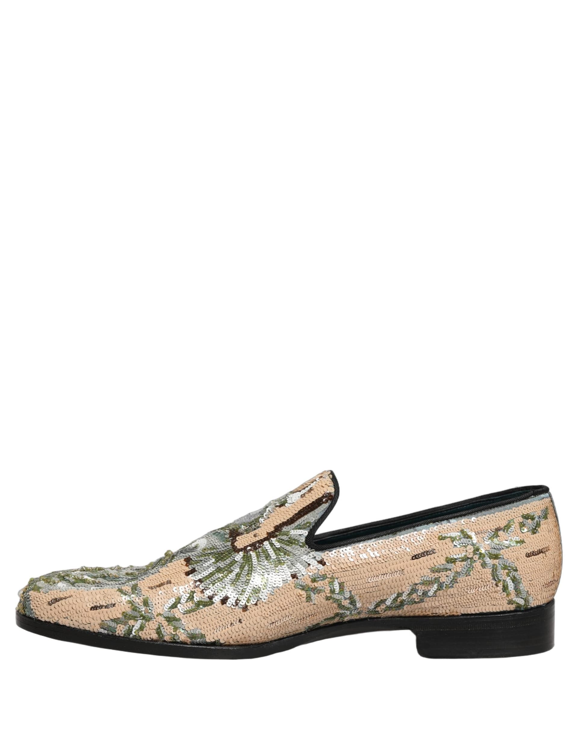 Dolce & Gabbana Beige Sequin Embroidery Dress Loafers Shoes - 6