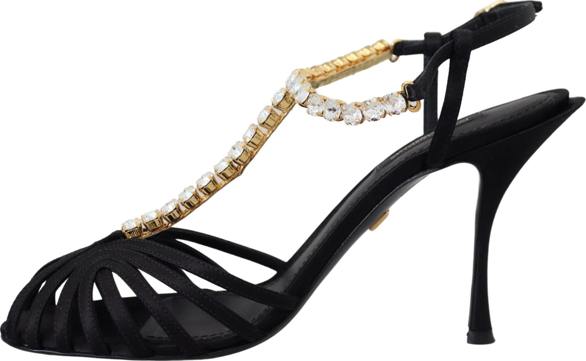 Dolce & Gabbana Black Satin Clear Crystal T-strap Sandal Shoes - 3