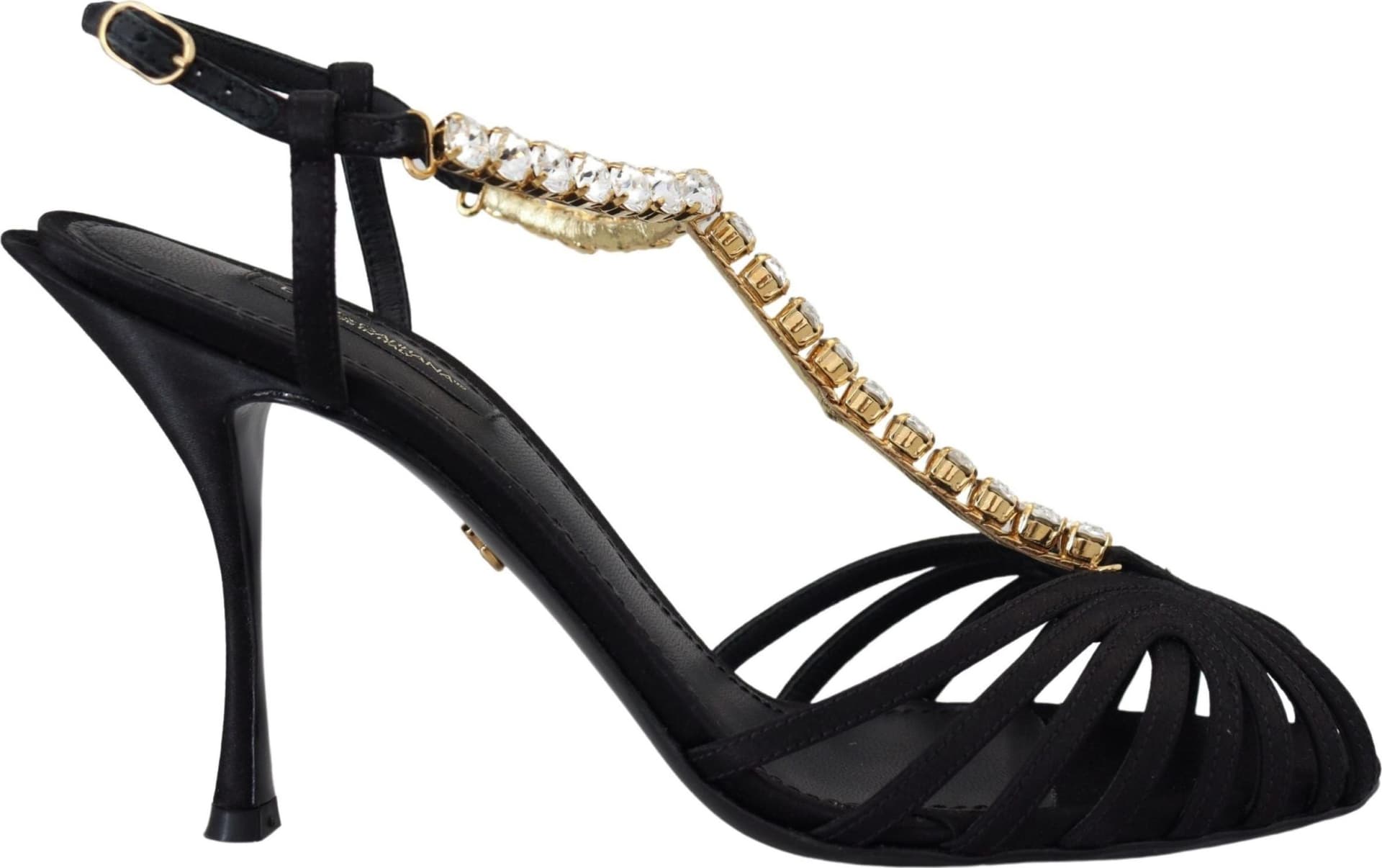 Dolce & Gabbana Black Satin Clear Crystal T-strap Sandal Shoes - 4